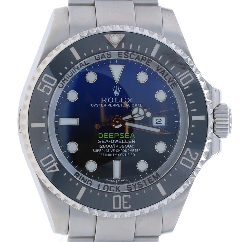 Marchio: Rolex
Model: A. James Cameron Deepsea Sea-Dweller
Model No: 116660
Movimento: Automatico
Garanzia: Un anno
Anno: 2014 - 2018
Fabbricante del movimento: Svizzero
Colore del quadrante: da blu a nero

Contenuto metallico: Acciaio