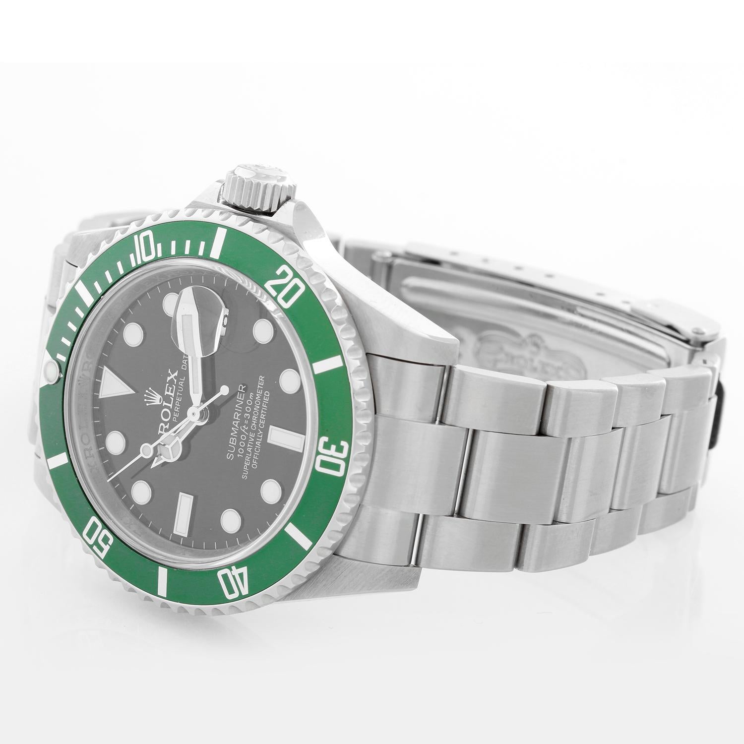 Rolex Kermit Submariner Men's  Stainless Steel Watch 16610 - Automatic winding, 31 jewels, pressure proof to 1,000 feet. Stainless steel case with time-lapse Cerachrom bezel . Black dial with luminous markers; date at 3 o'clock, green bezel.