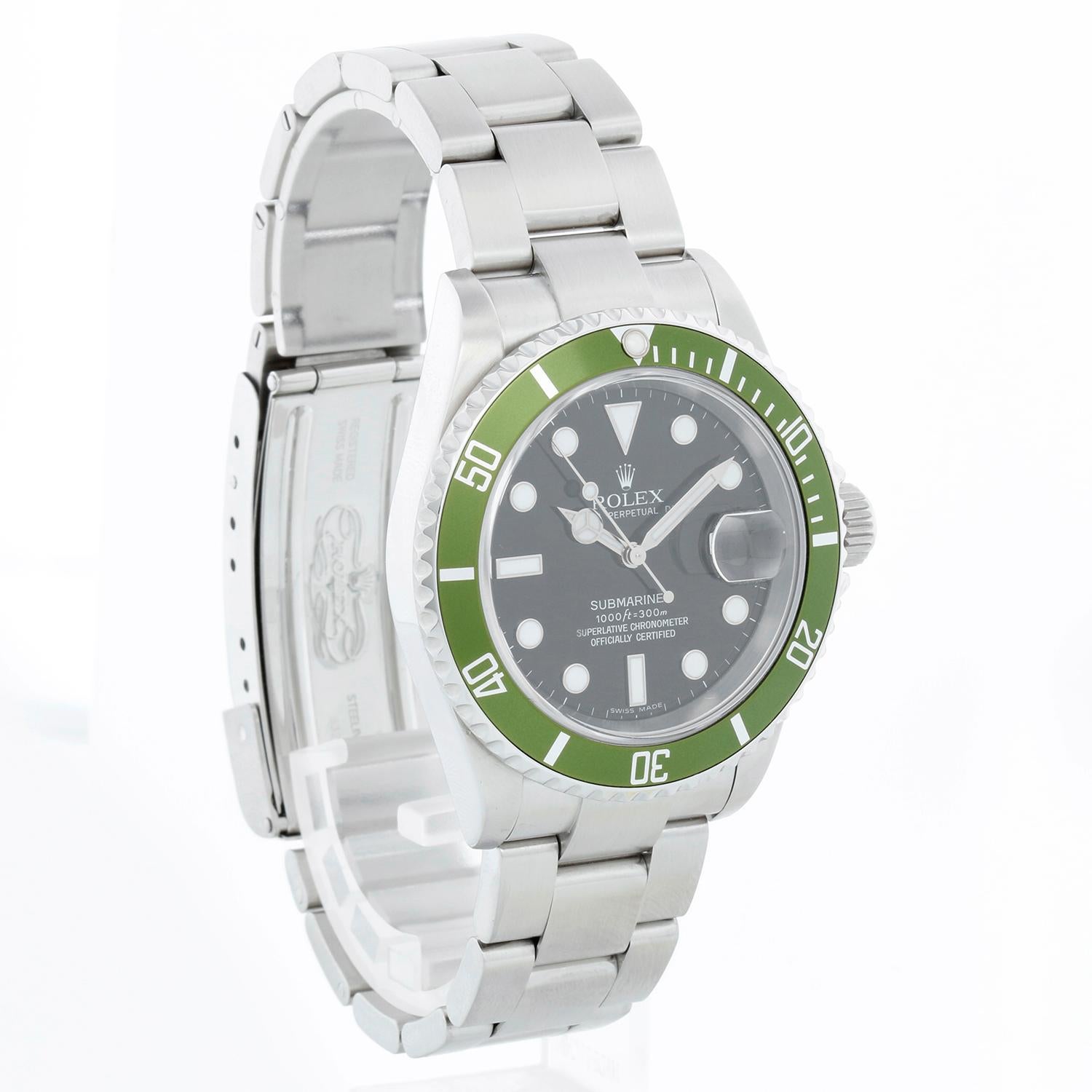Rolex Kermit Submariner Men's  Stainless Steel Watch 16610 - Automatic winding, 31 jewels, pressure proof to 1,000 feet. Stainless steel case with time-lapse Cerachrom bezel . Black dial with luminous markers; date at 3 o'clock, green bezel.