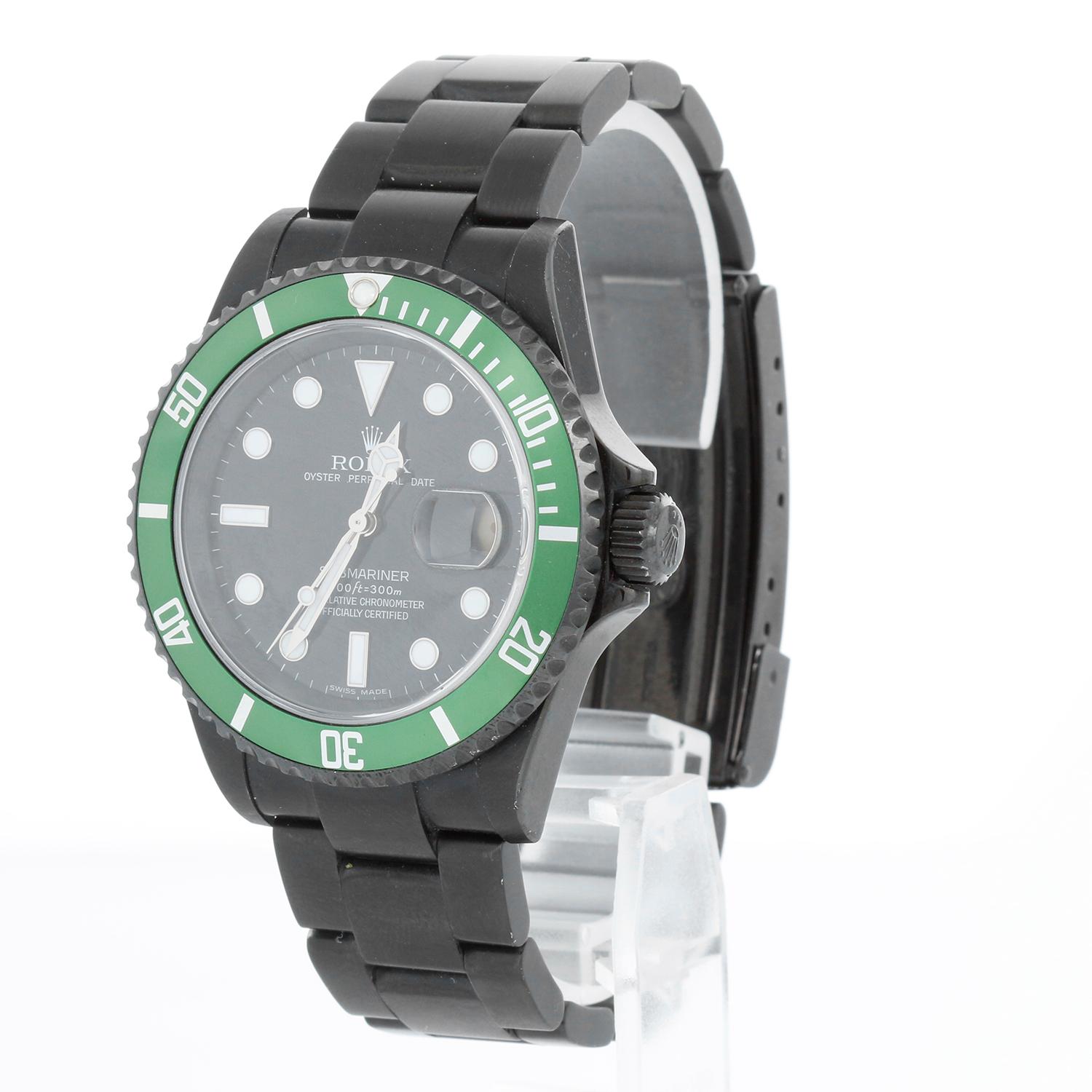 Rolex Kermit Submariner Project X Men's Steel Black DLC Watch 16610 - Automatic winding, 31 jewels, pressure proof to 1,000 feet. Stainless steel DLC coated case with time-lapse Cerachrom bezel; comes with the original green insert and the Project X