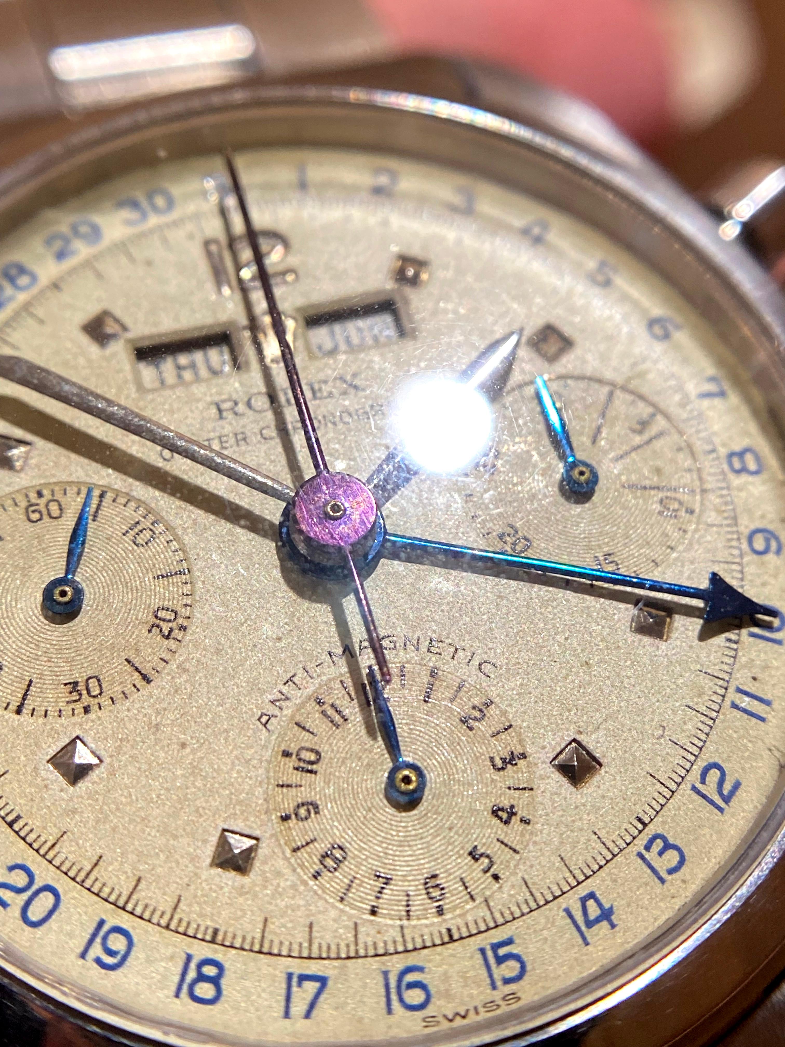 Montre chronographe en acier à remontage manuel Rolex Killy Triple Date Calendar 6036, 1954 en vente 4