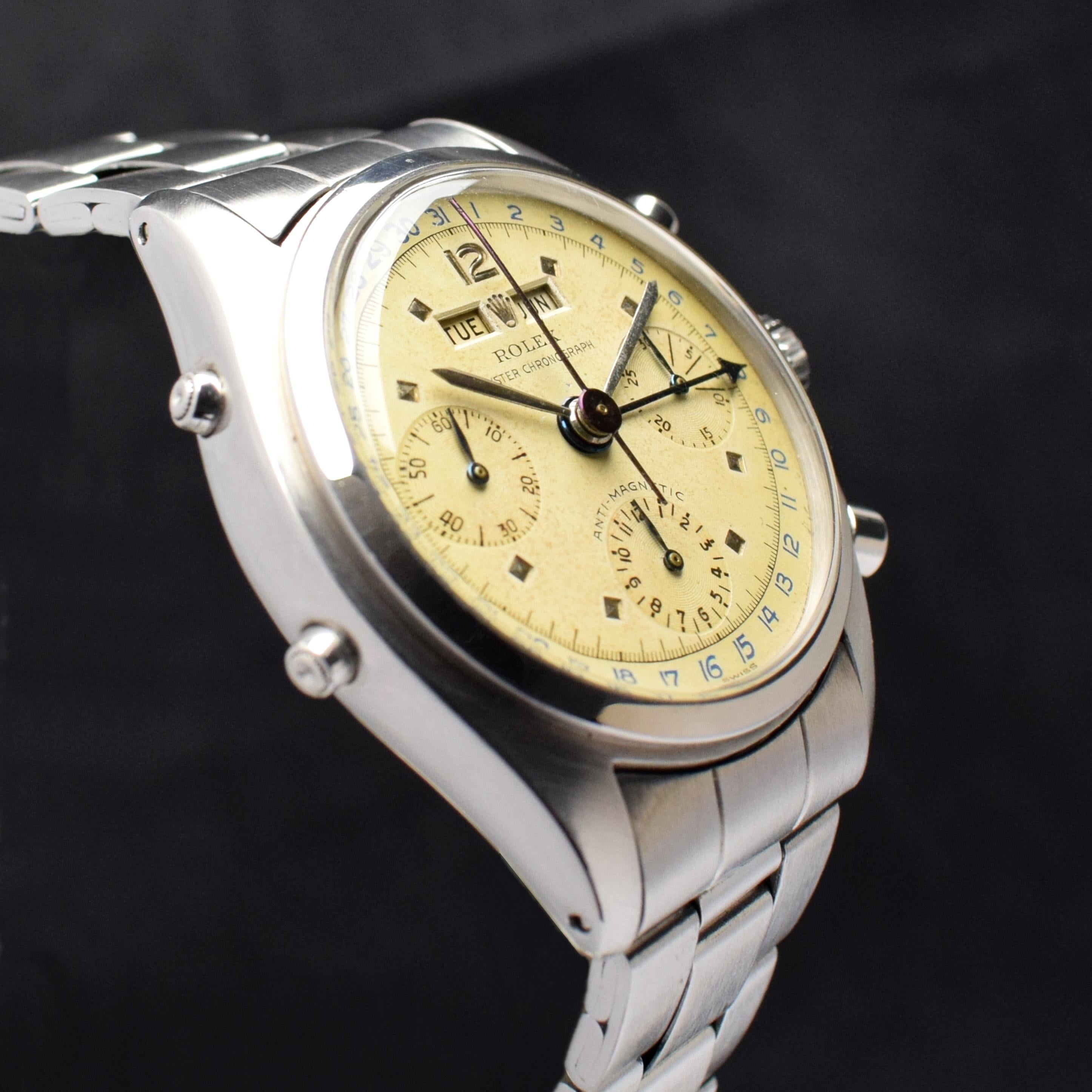 Montre chronographe en acier à remontage manuel Rolex Killy Triple Date Calendar 6036, 1954 Bon état - En vente à Central & Western District, HK