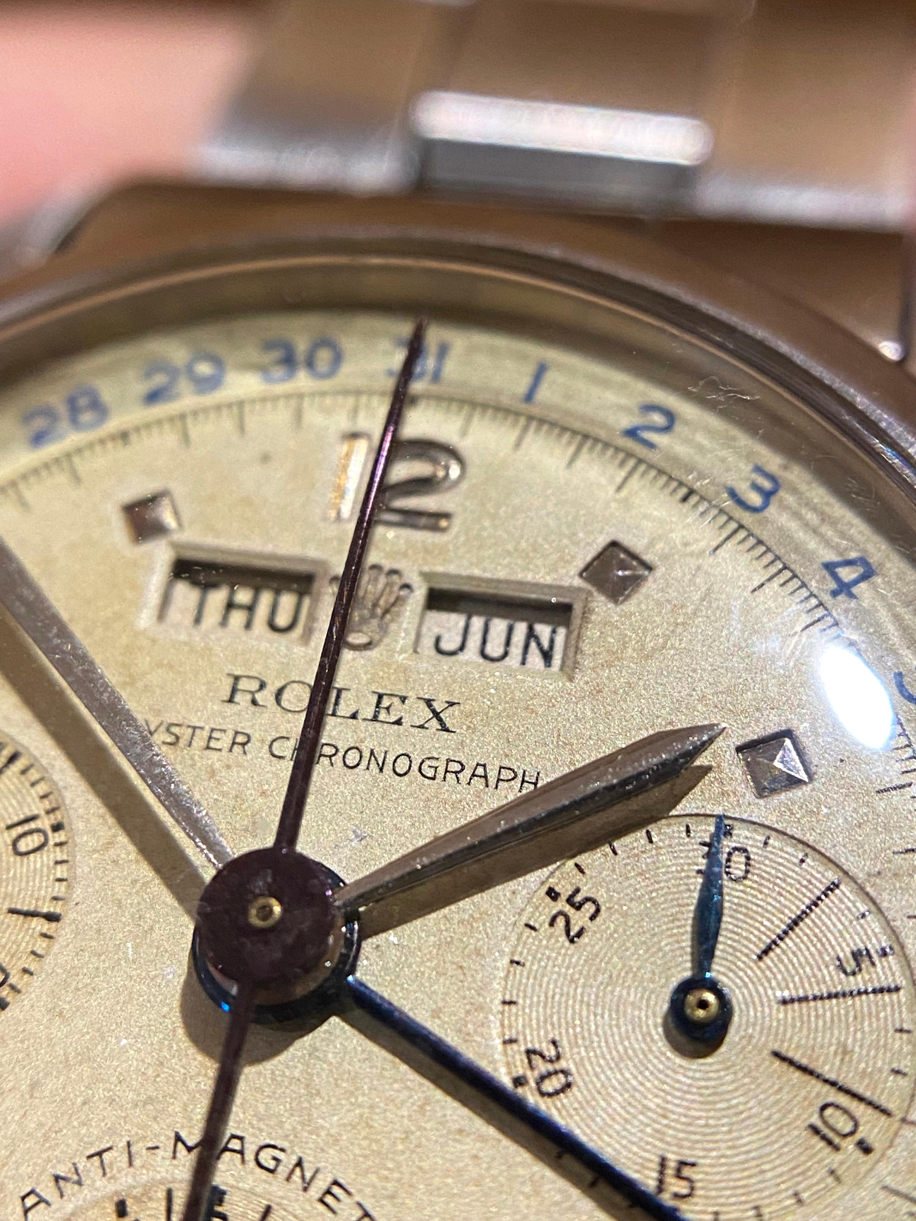 Montre chronographe en acier à remontage manuel Rolex Killy Triple Date Calendar 6036, 1954 en vente 2
