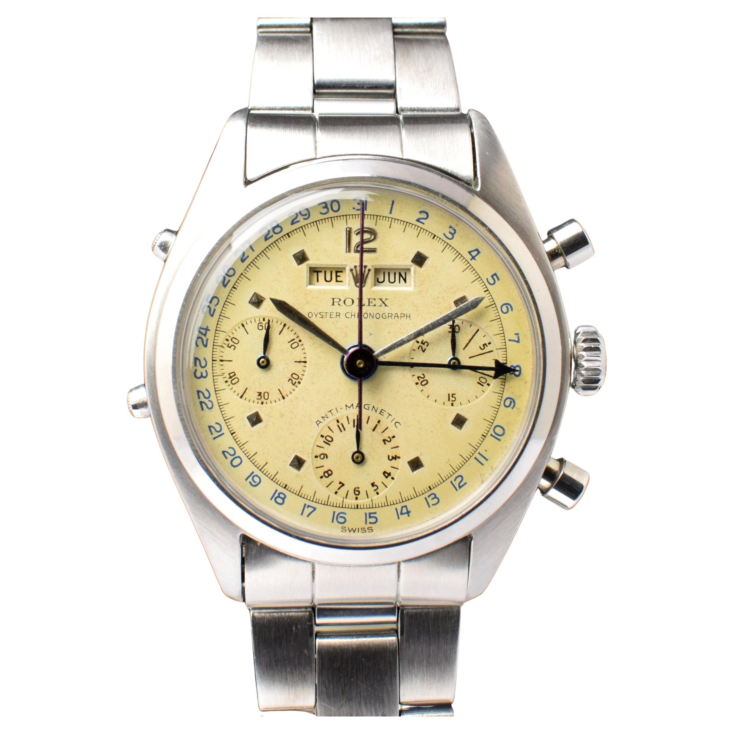 Montre chronographe en acier à remontage manuel Rolex Killy Triple Date Calendar 6036, 1954 en vente