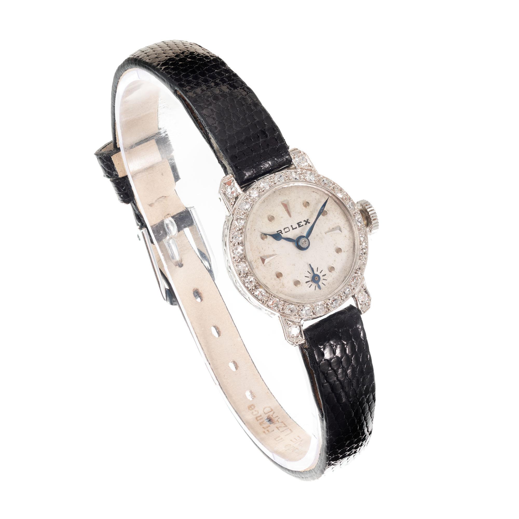 Round Cut Rolex Ladies 0.33 Carat Diamond Platinum Manual Wind Art Deco Wristwatch