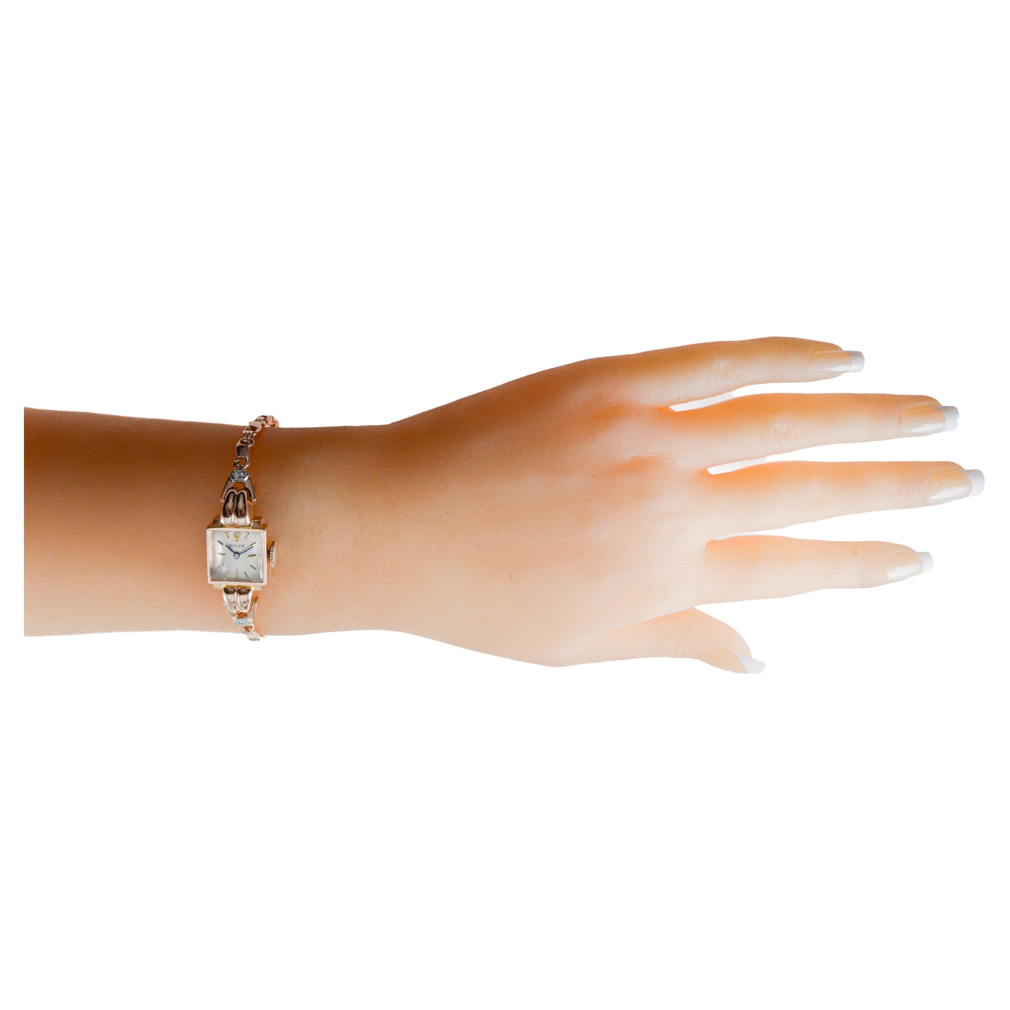 Rolex Ladies 14Kt Solid Rose Gold Watch from 1954 with Matching Period Bracelet For Sale 6