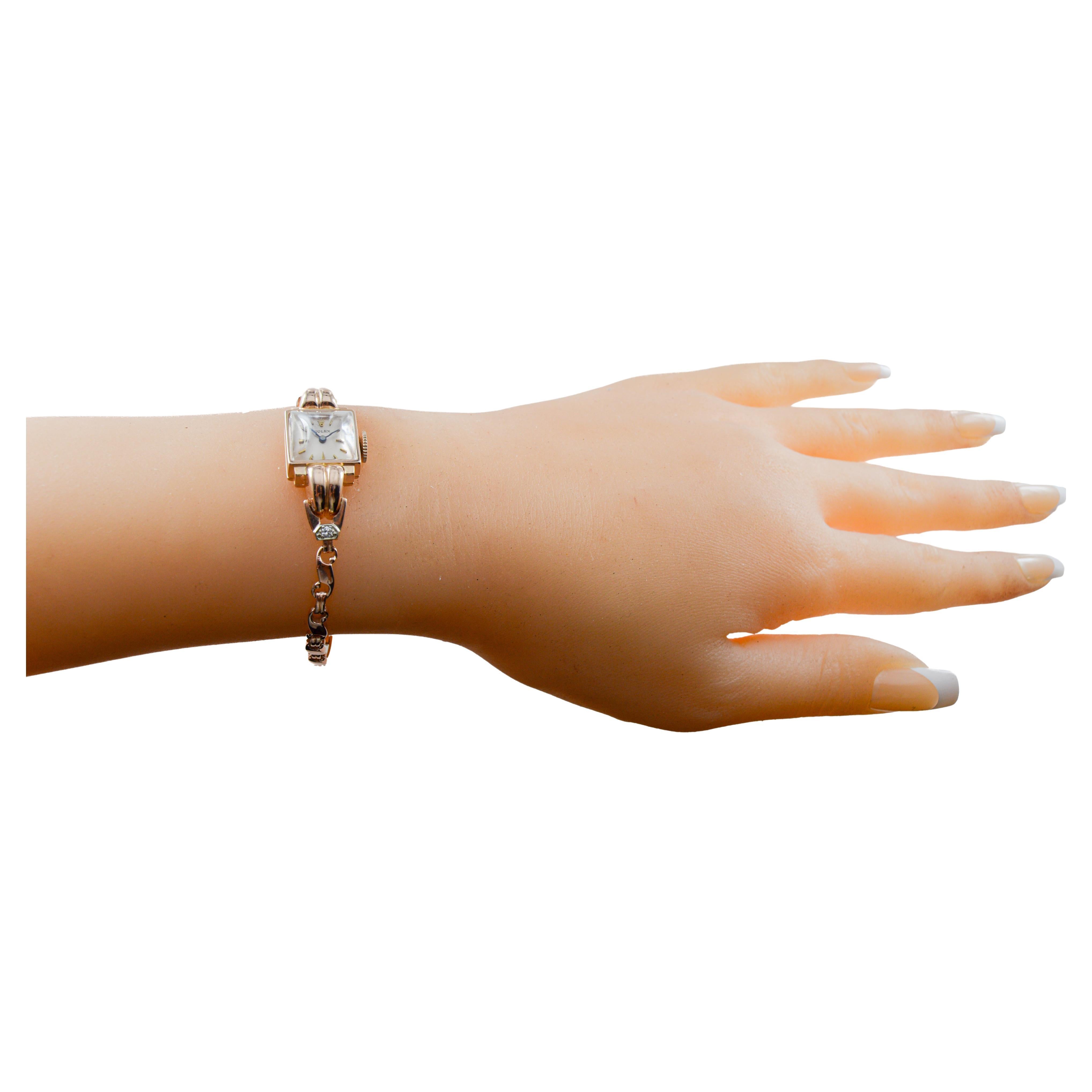 Rolex Ladies 14Kt Solid Rose Gold Watch from 1954 with Matching Period Bracelet For Sale 7