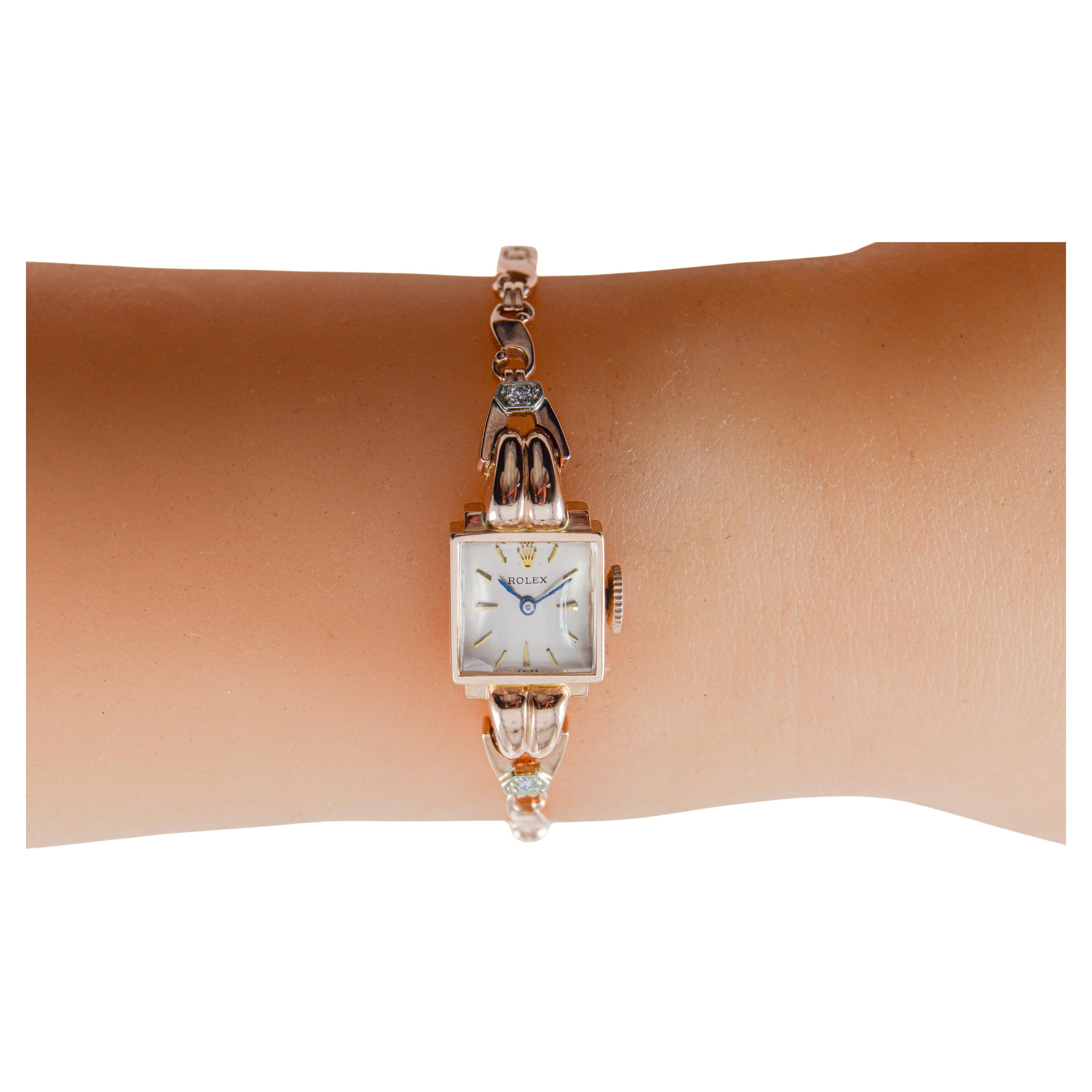 Rolex Ladies 14Kt Solid Rose Gold Watch from 1954 with Matching Period Bracelet For Sale 8
