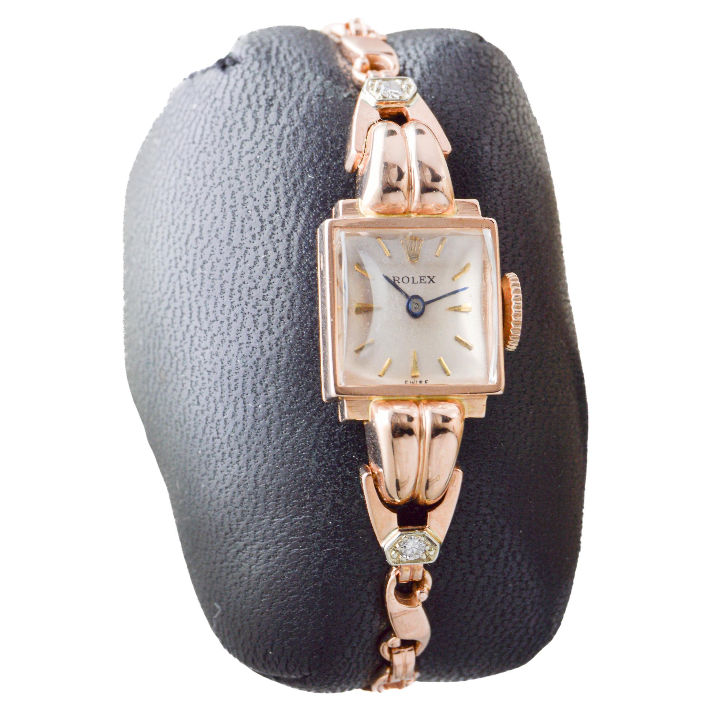 Art Deco Rolex Ladies 14Kt Solid Rose Gold Watch from 1954 with Matching Period Bracelet For Sale