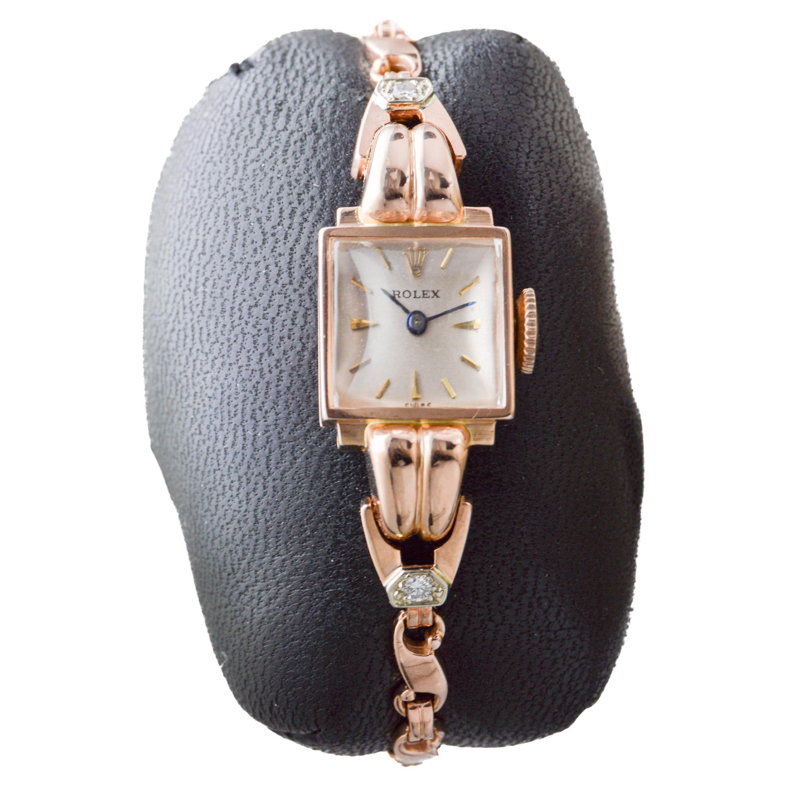 Rolex Ladies 14Kt Solid Rose Gold Watch from 1954 with Matching Period Bracelet In Excellent Condition For Sale In Long Beach, CA