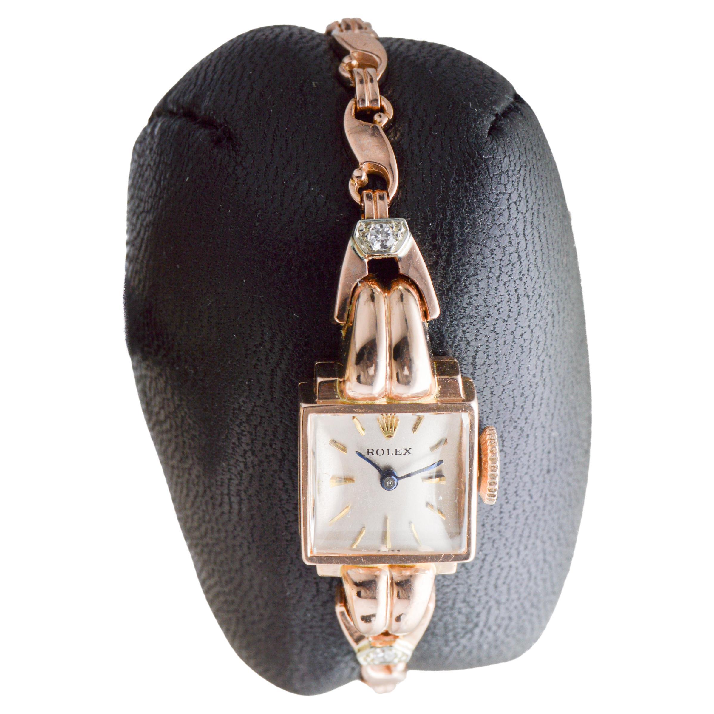 Women's or Men's Rolex Ladies 14Kt Solid Rose Gold Watch from 1954 with Matching Period Bracelet For Sale