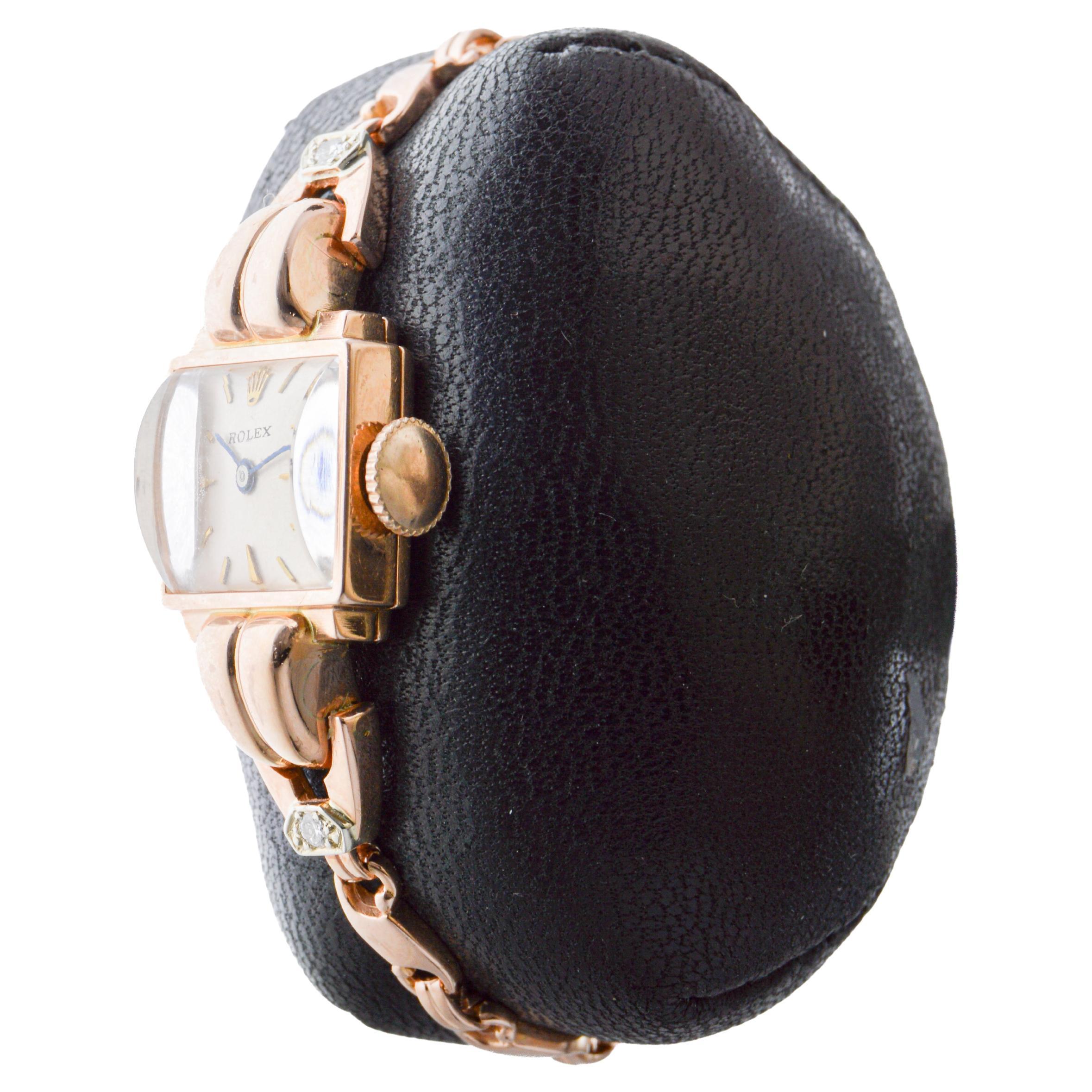 Rolex Ladies 14Kt Solid Rose Gold Watch from 1954 with Matching Period Bracelet For Sale 1
