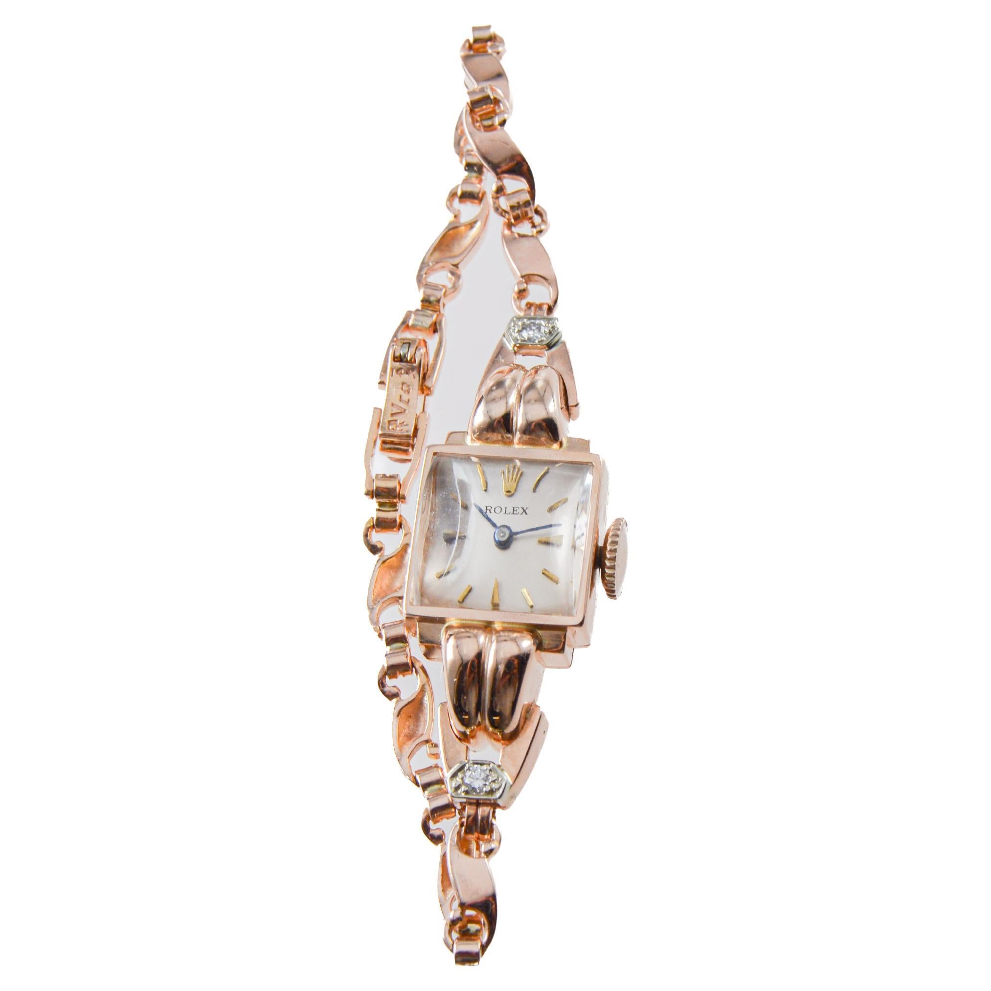 Rolex Ladies 14Kt Solid Rose Gold Watch from 1954 with Matching Period Bracelet For Sale 2