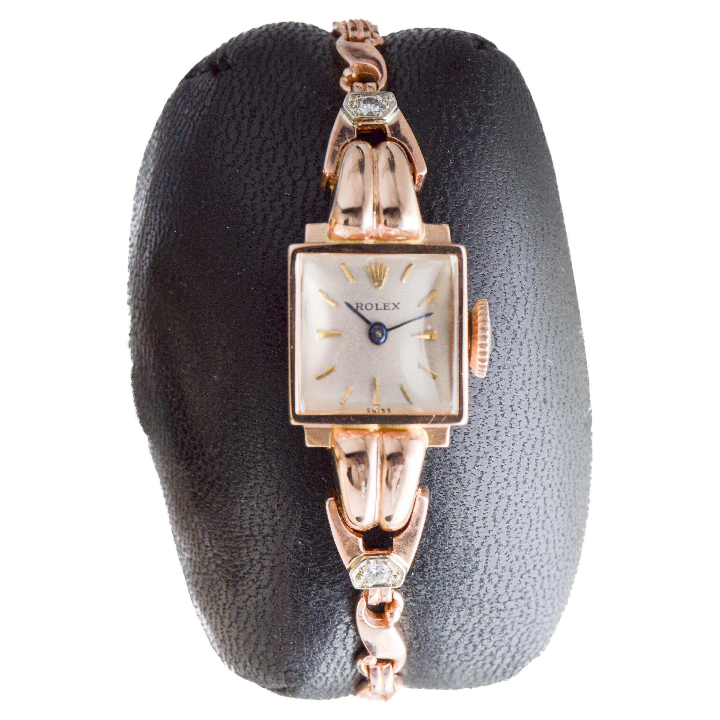 Rolex Ladies 14Kt Solid Rose Gold Watch from 1954 with Matching Period Bracelet For Sale