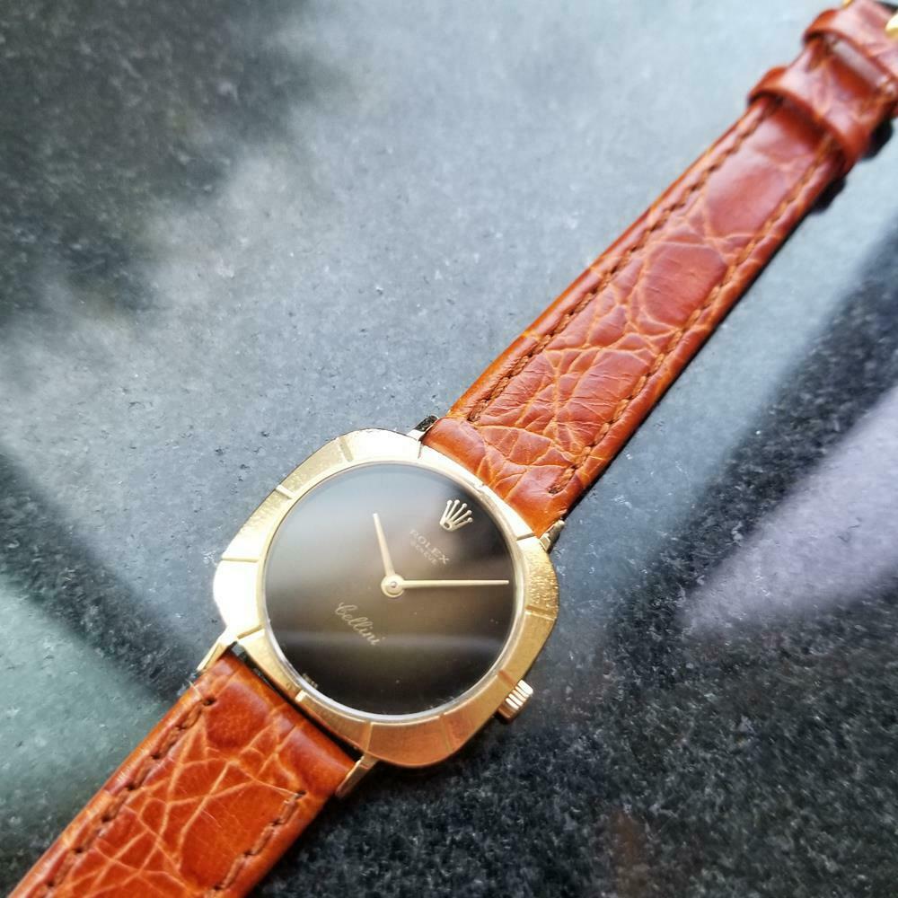 Luxurious elegance, ladies 18K solid gold Rolex Cellini ref.3878 manual wind dress watch, c.1970. Verified authentic by a master watchmaker. Gorgeous, original two tone dark brown Rolex Cellini signed dial, gold minute and hour hands, applied Rolex