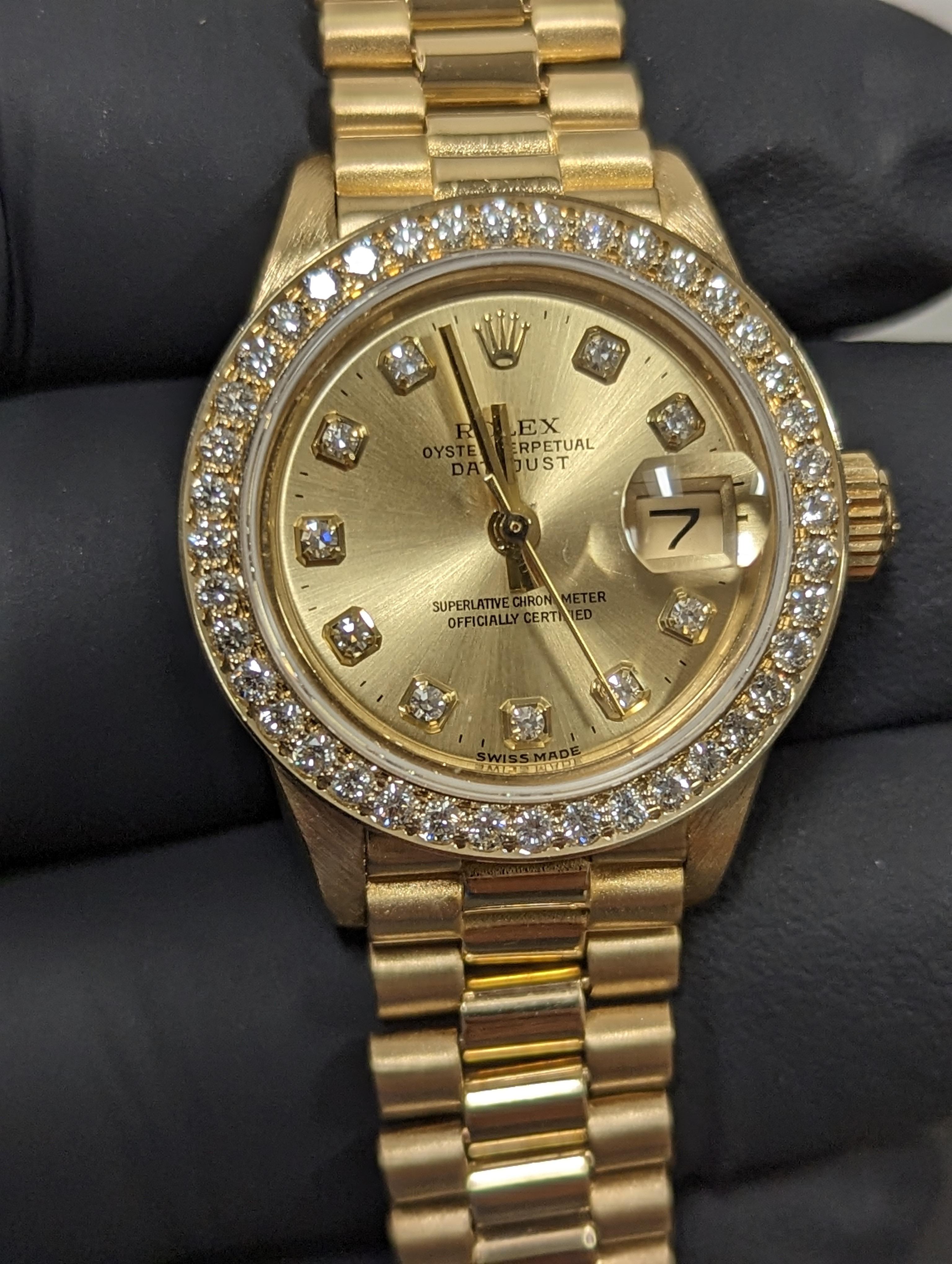 Rolex Damenuhr aus 18 Karat Gold, Präsidentin, Champangne-Diamant-Zifferblatt, Diamant-Lünette im Zustand „Gut“ im Angebot in San Pedro, CA