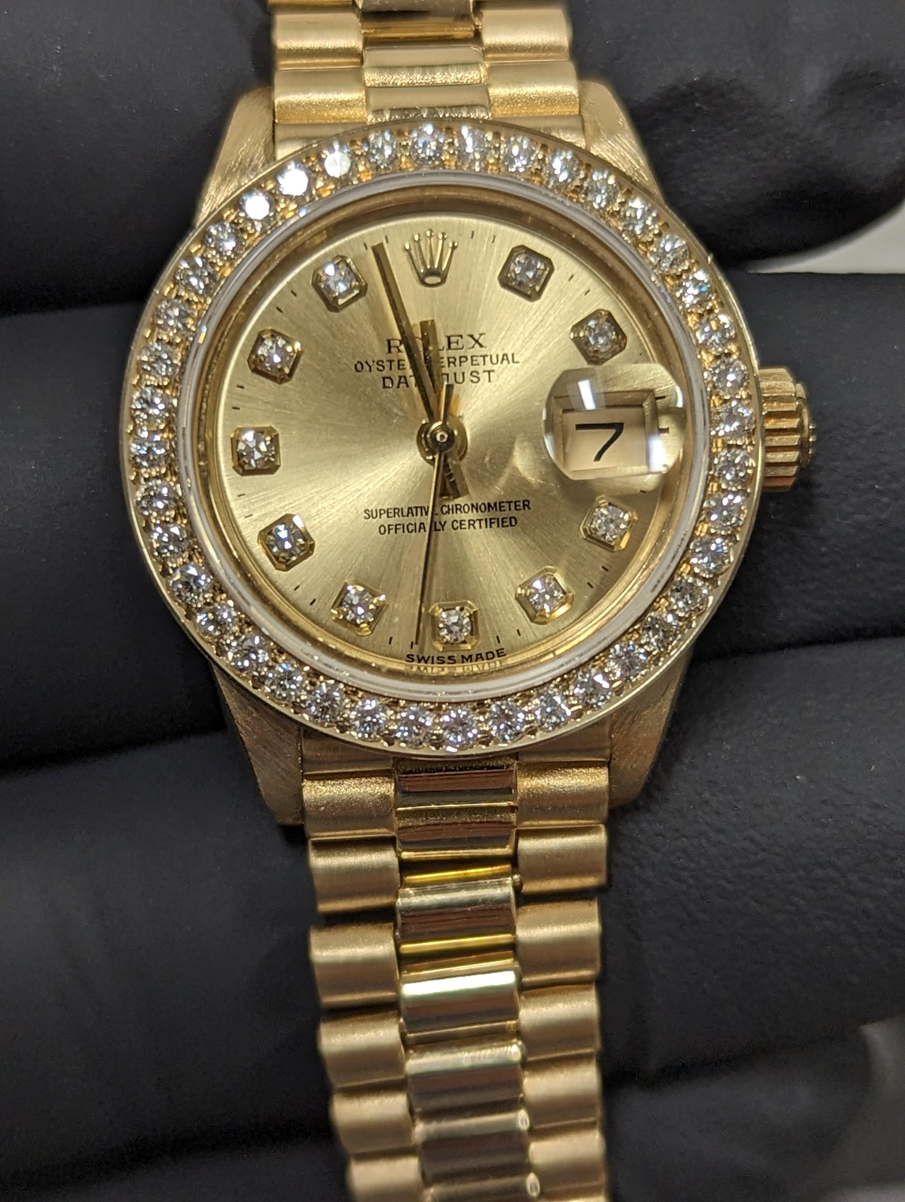 Modern Rolex Ladies 18k Gold President, Champangne Diamond Dial, Diamond Bezel Watch For Sale