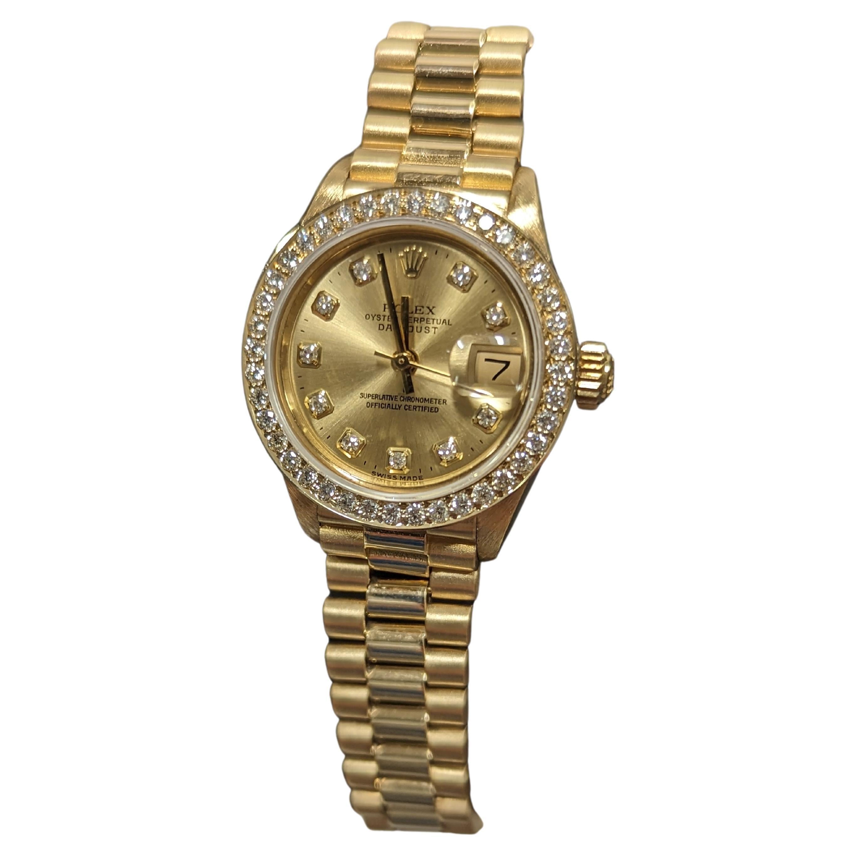 Rolex Ladies 18k Gold President, Champangne Diamond Dial, Diamond Bezel Watch For Sale