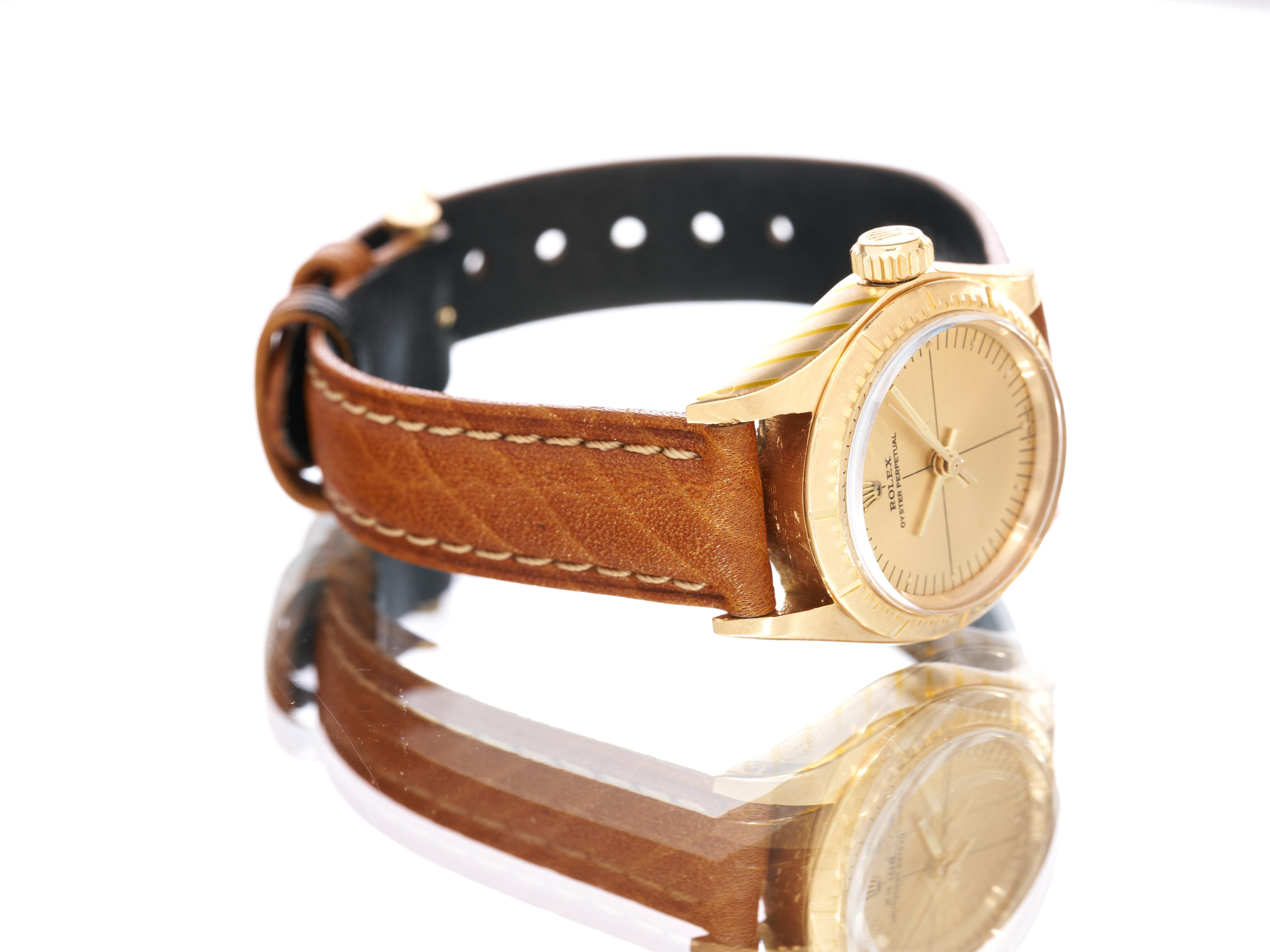 Rolex Ladies 18K Gold Watch 24mm Oyster Perpetual Zephyr Bezel Quadrant Dial 83 5
