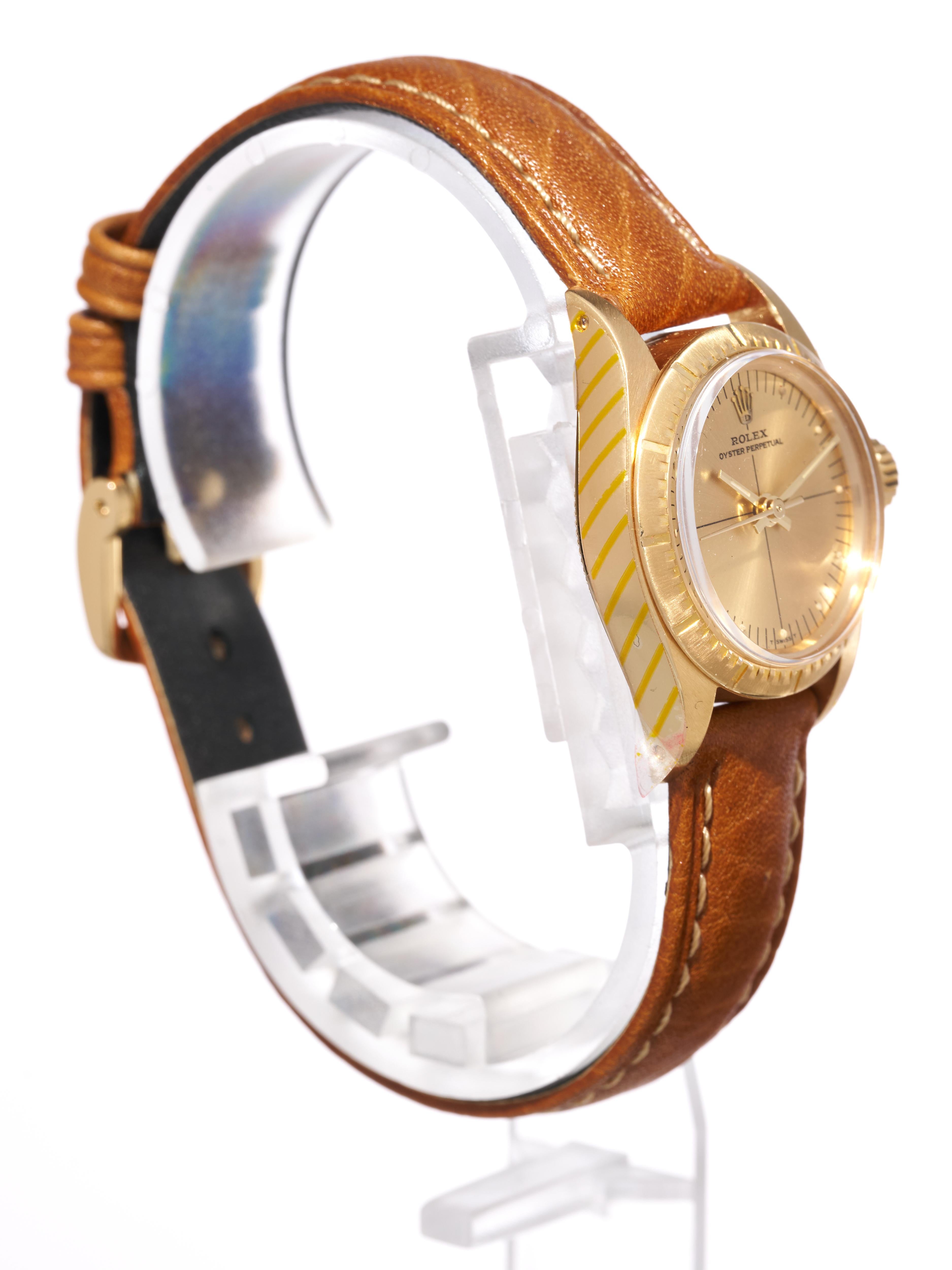 Fork In Time is proud to offer on the 1st Dibs marketplace:

Rolex 

Lady Oyster Perpetual 

18K Yellow Gold Watch 

Zephyr Bezel 
Quadrant Dial 

1983

24mm  

Automatic 2030 Movement


This time piece has just returned from Rolex where it has had