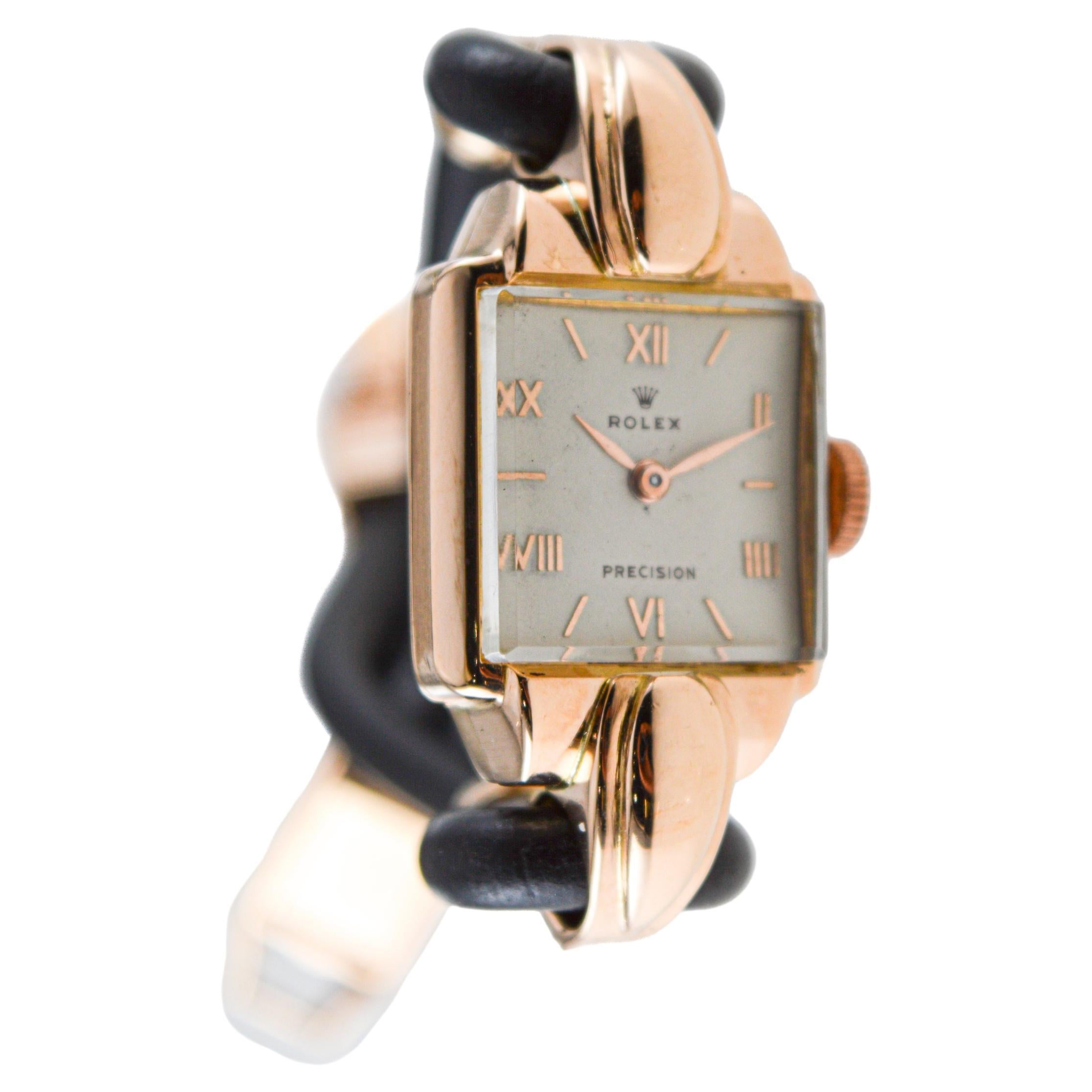Rolex Ladies 18Kt Rose Gold Art Deco Watch with Cord Band from 1940's Hand Made For Sale 3