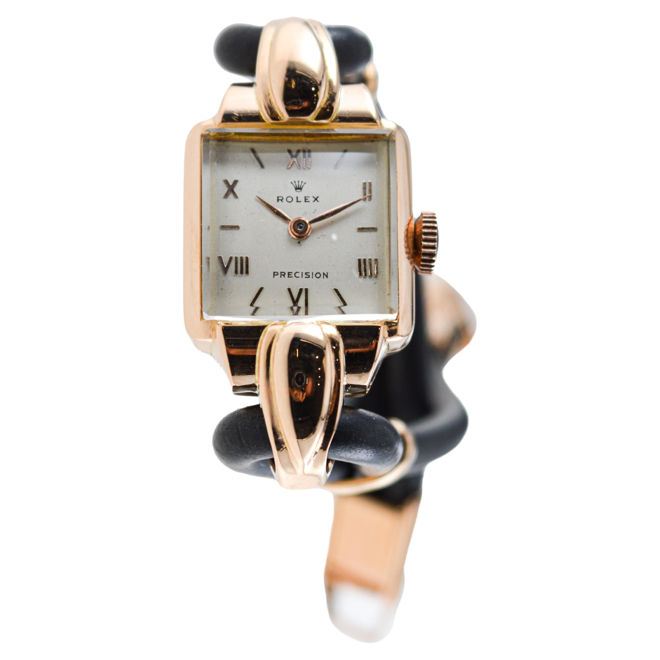 Rolex Ladies 18Kt Rose Gold Art Deco Watch with Cord Band from 1940's Hand Made For Sale 1