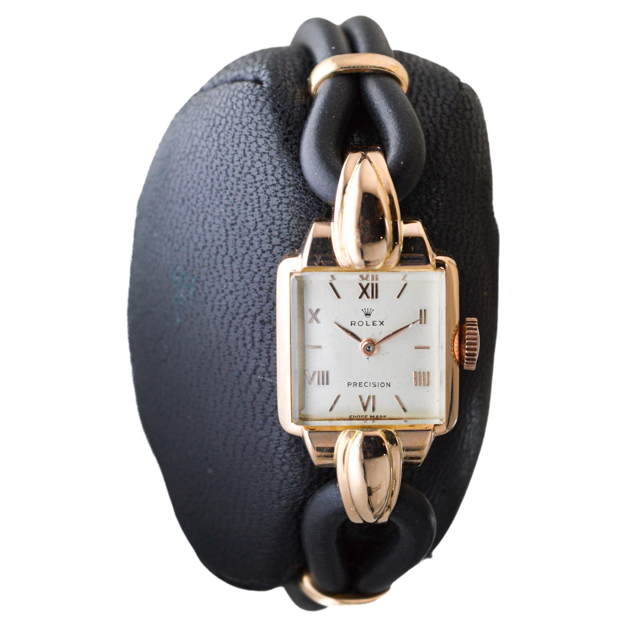 Rolex Ladies 18Kt Rose Gold Art Deco Watch with Cord Band from 1940's Hand Made For Sale