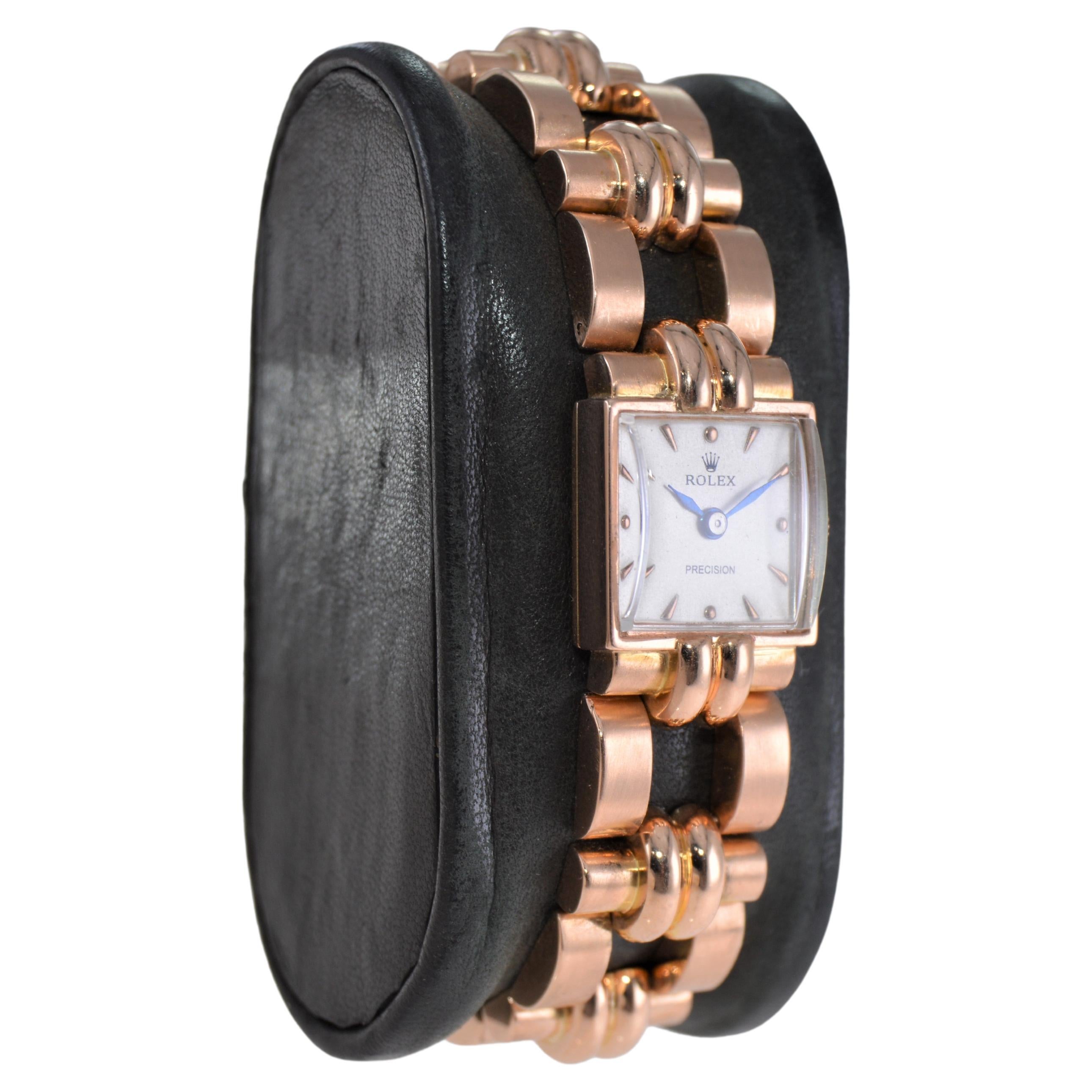 FACTORY / HOUSE: Rolex Watch Company
STYLE / REFERENCE: Art Deco / Reference 4083
METAL / MATERIAL: 18 Kt. Solid Rose Gold
CIRCA / YEAR: 1954
DIMENSIONS / SIZE: 16mm Length X 24mm Diameter
MOVEMENT / CALIBER: Manual Winding / 17 Jewels / Caliber