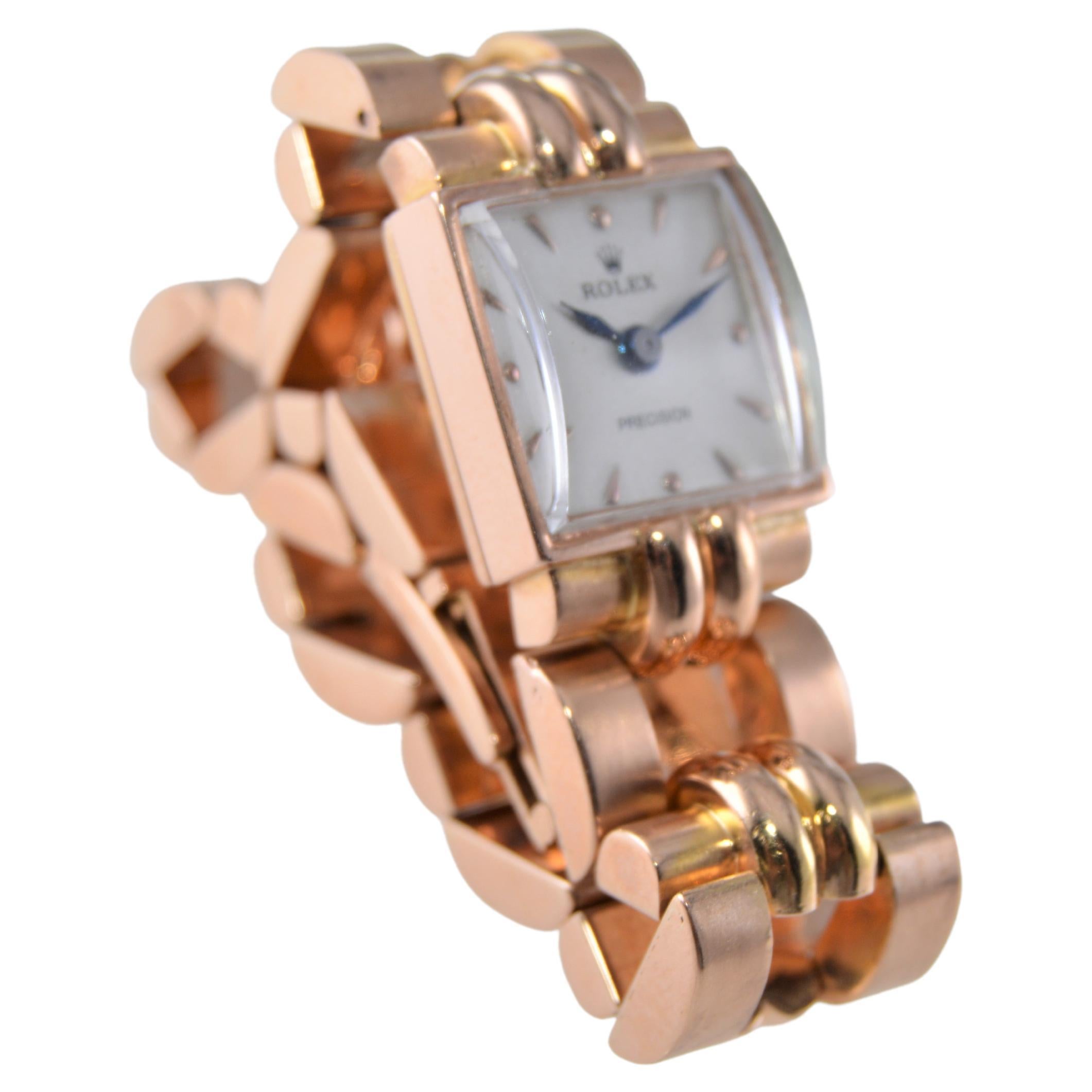 Rolex Ladies 18Kt. Solid Rose Gold Art Deco Bracelet Watch From 1954 In Excellent Condition In Long Beach, CA
