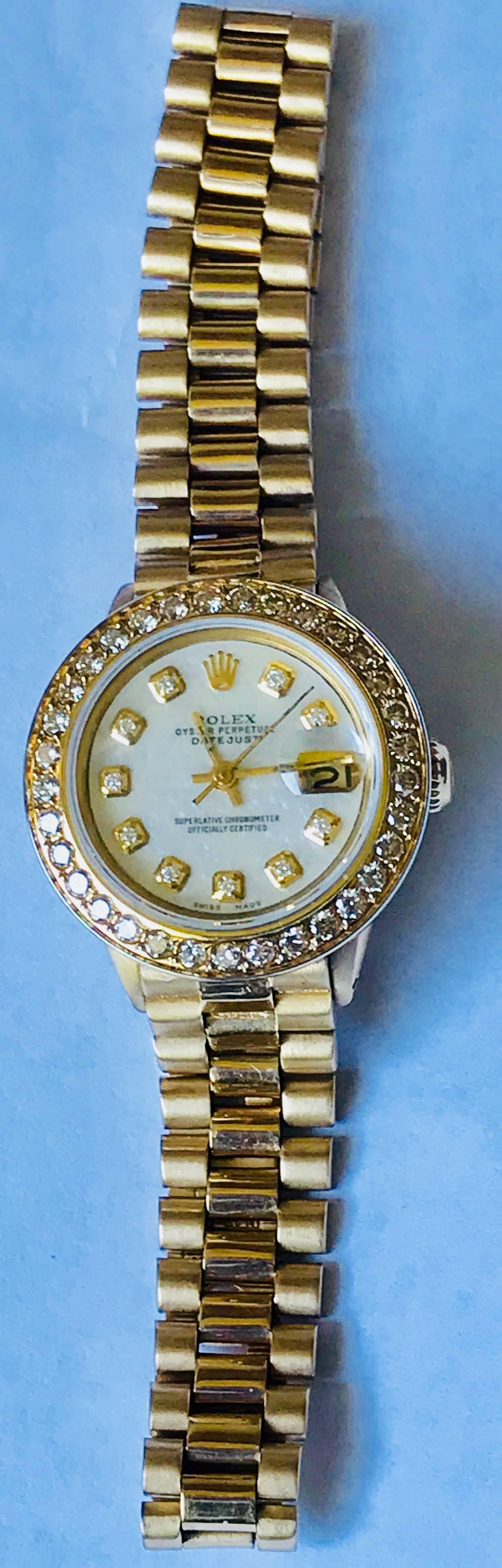 Round Cut Rolex Ladies 18kt Yellow Gold Diamond President Datejust Wristwatch 