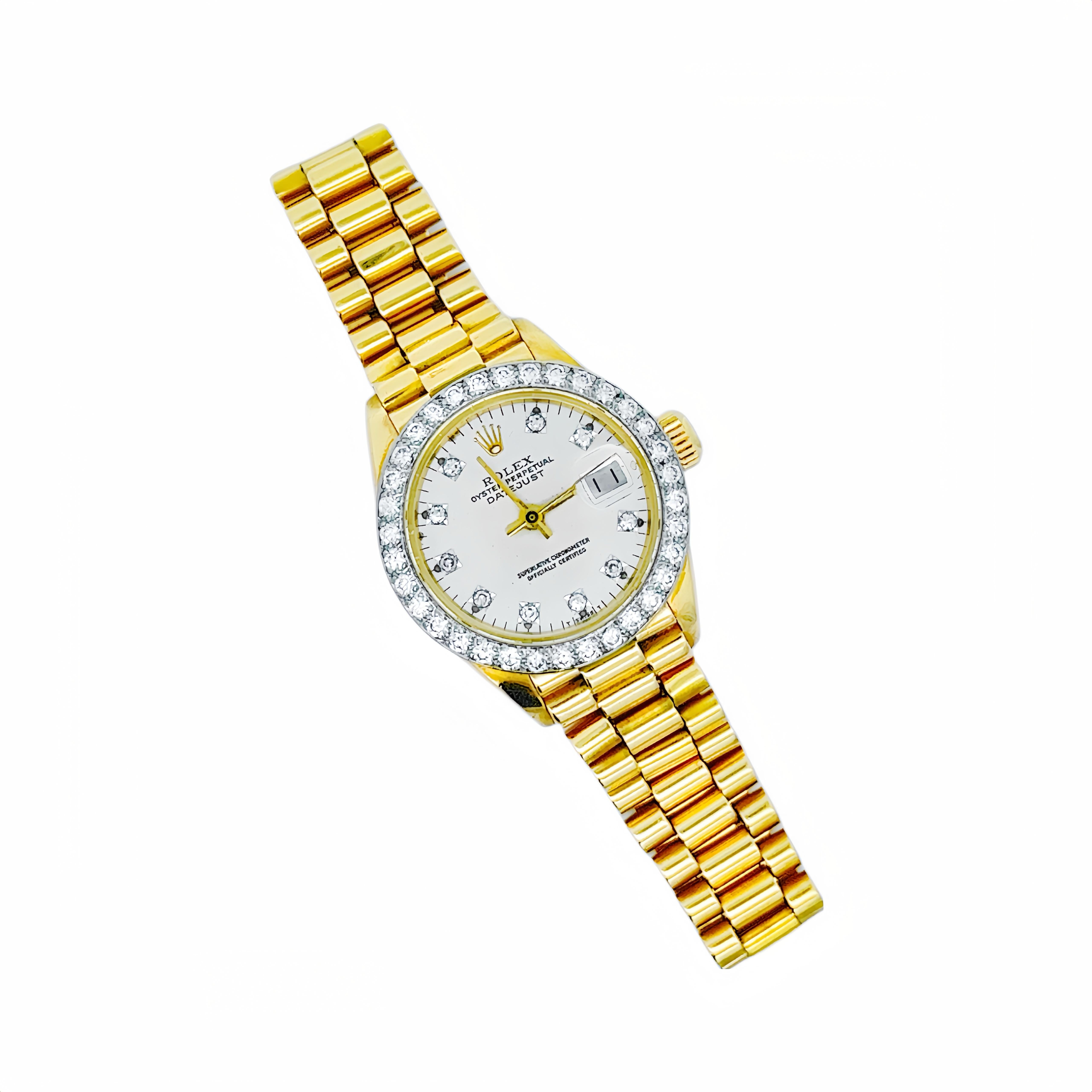 Rolex 26mm Datejust 18kt Gold Diamond Dial Diamond Bezel 6917

This watch is in like new condition. It has been polished and added diamonds on the bezel and dial. It has no visible scratches or blemishes.

Period
Cira 1970s

Model
Oyster Perpetual
