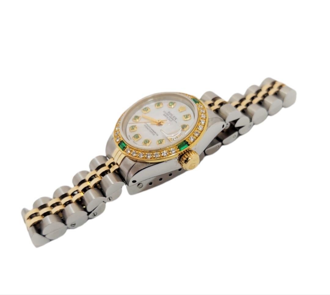 Modern Rolex Ladies 26mm Datejust 6917 Emerald Diamond Two tone Jubilee For Sale