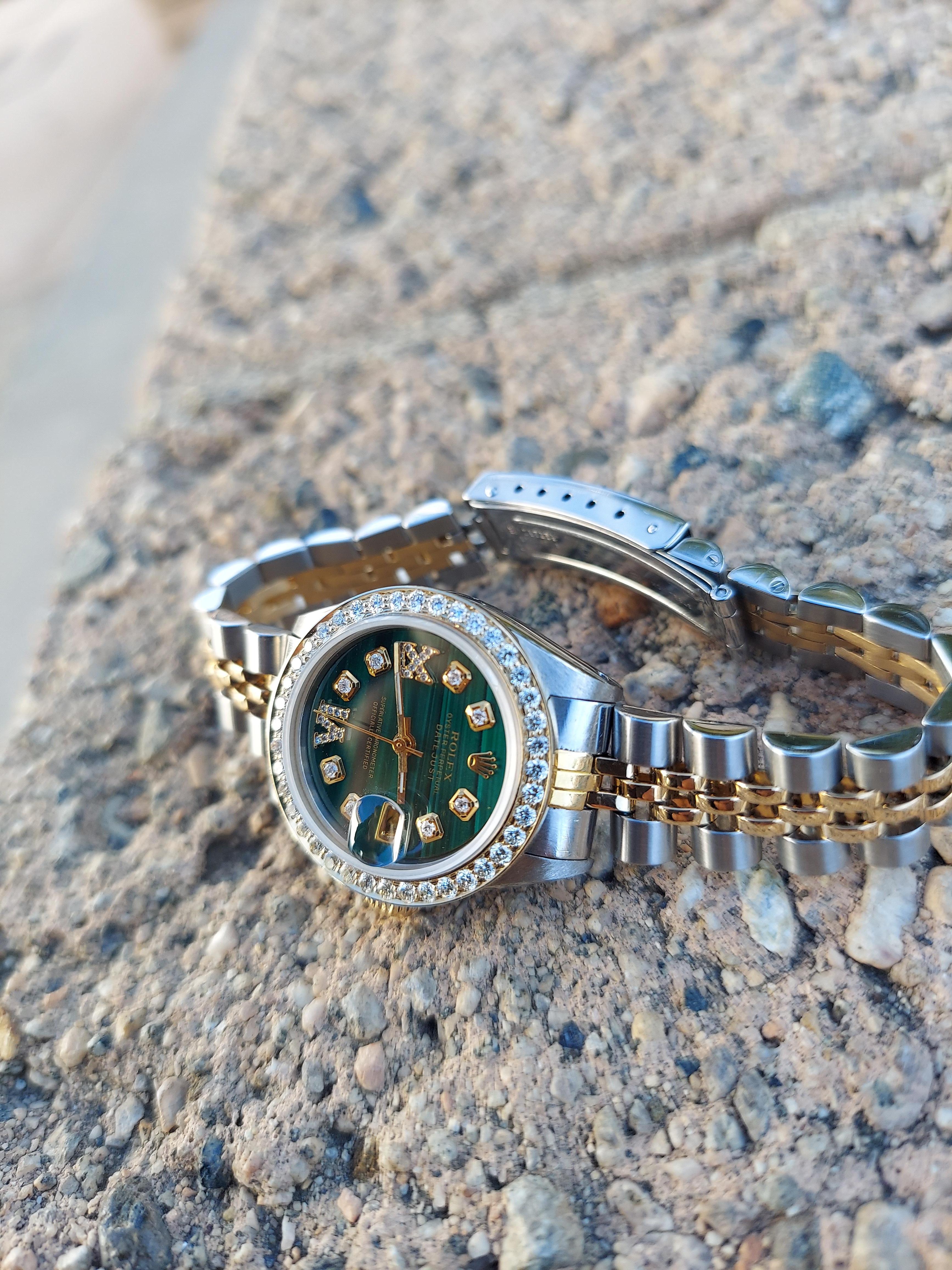 Women's Rolex Ladies 26mm Datejust 6917 Malachite Green Diamond Roman For Sale
