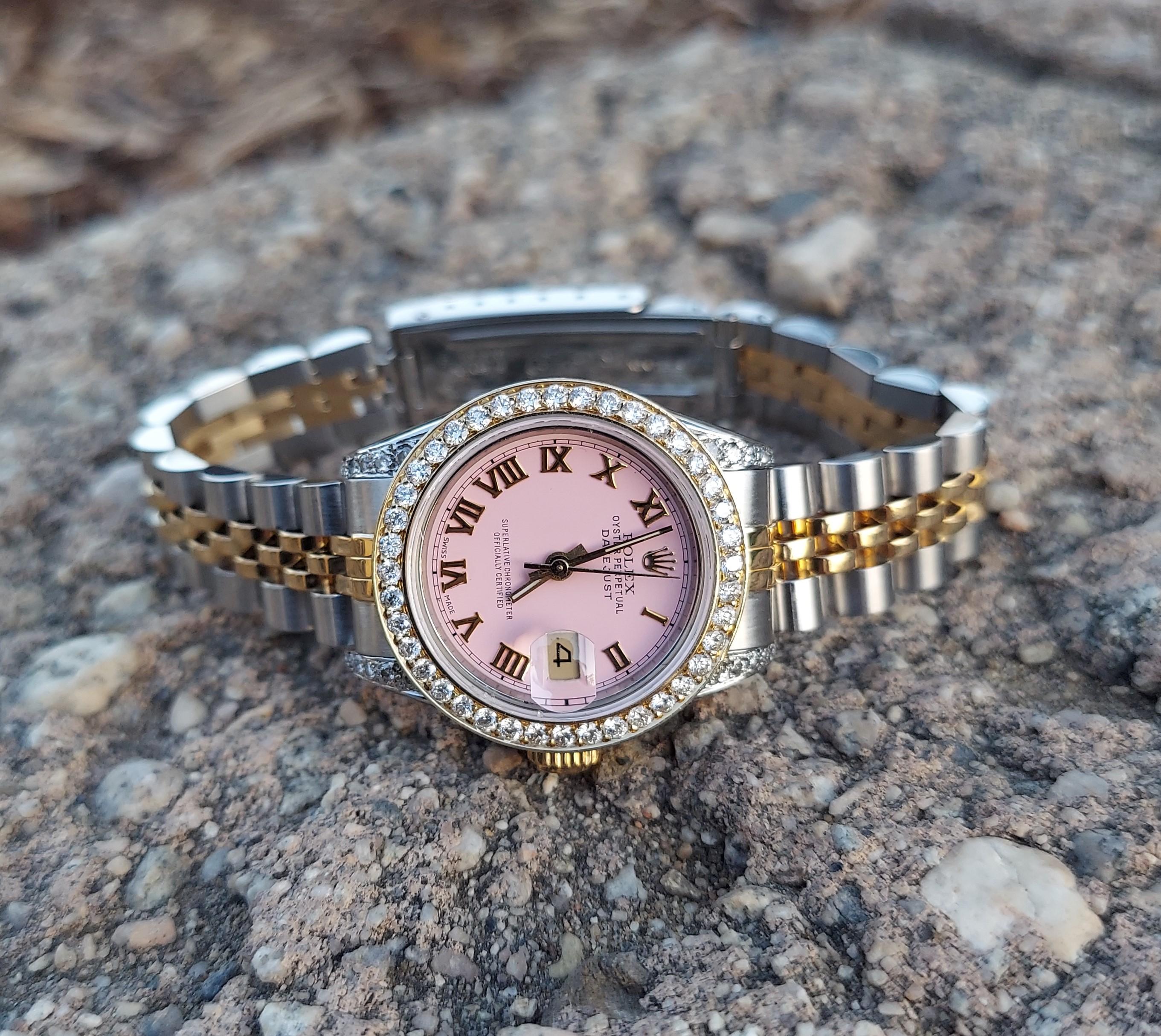 Rolex ladies 26mm Datejust 69173 pink Roman numeral two tone jubilee In Good Condition For Sale In San Fernando, CA