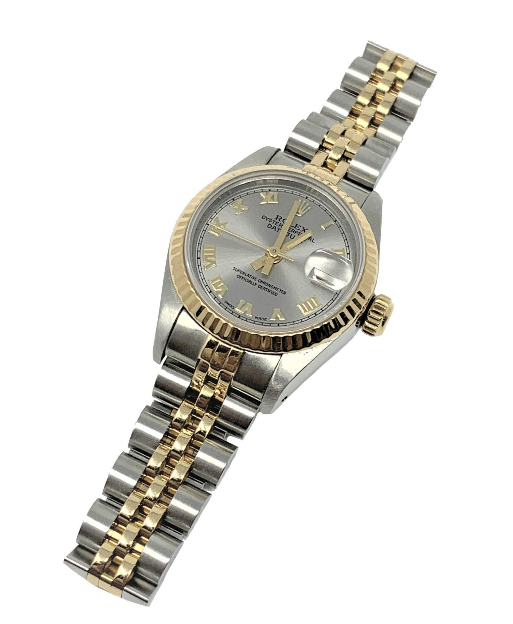 (Watch Description)
Brand - Rolex
Gender - Ladies
Model - 69173 Datejust
Metals - Stainless Steel/Yellow gold
Case size - 26mm
Bezel - Yellow Gold Fluted
Crystal - Sapphire
Movement - Mechanical Cal.2135
Dial - Rolex silver roman
Wrist band - Two
