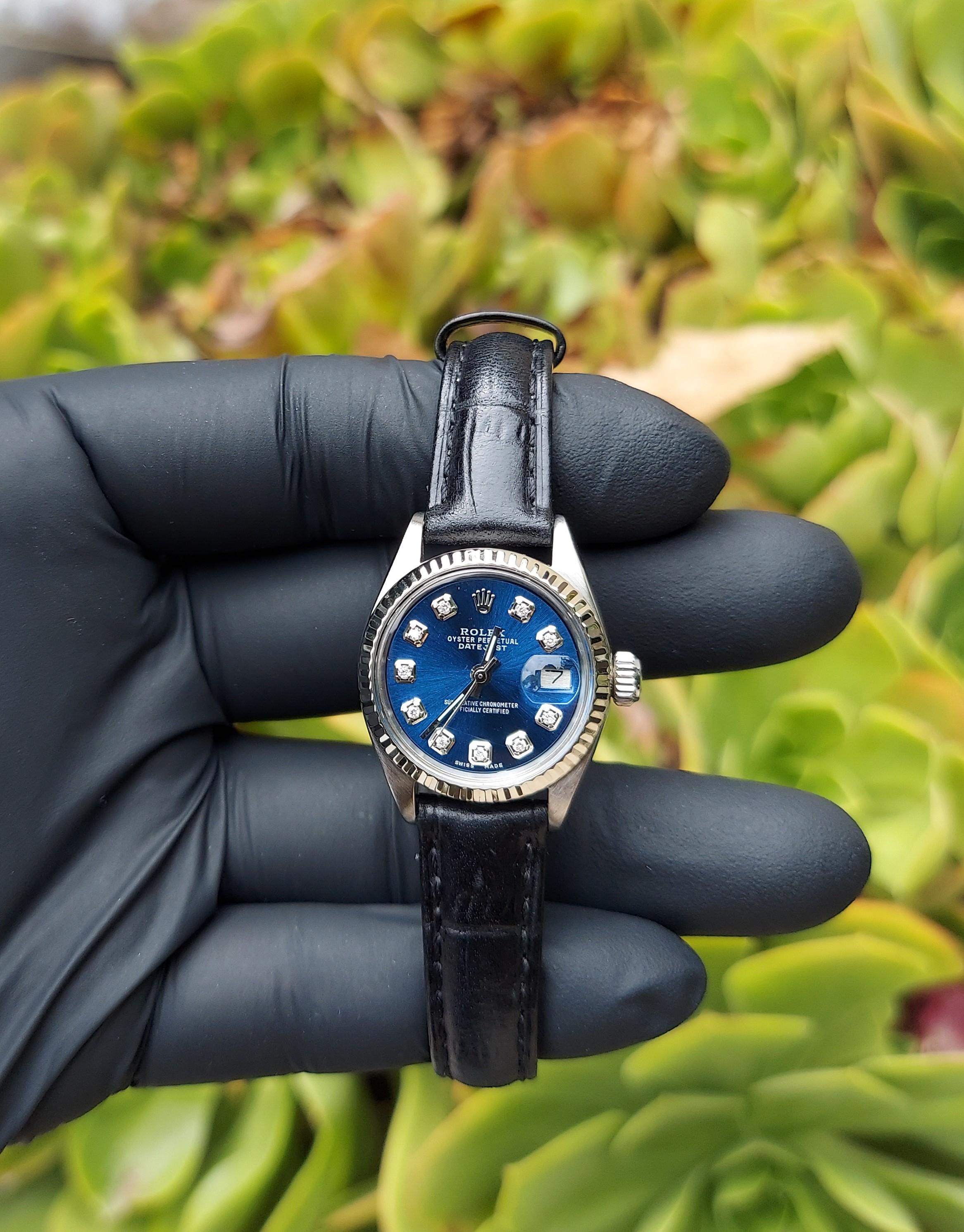 Round Cut Rolex ladies 26mm Datejust 6919 Blue Diamond White gold fluted on leather  For Sale
