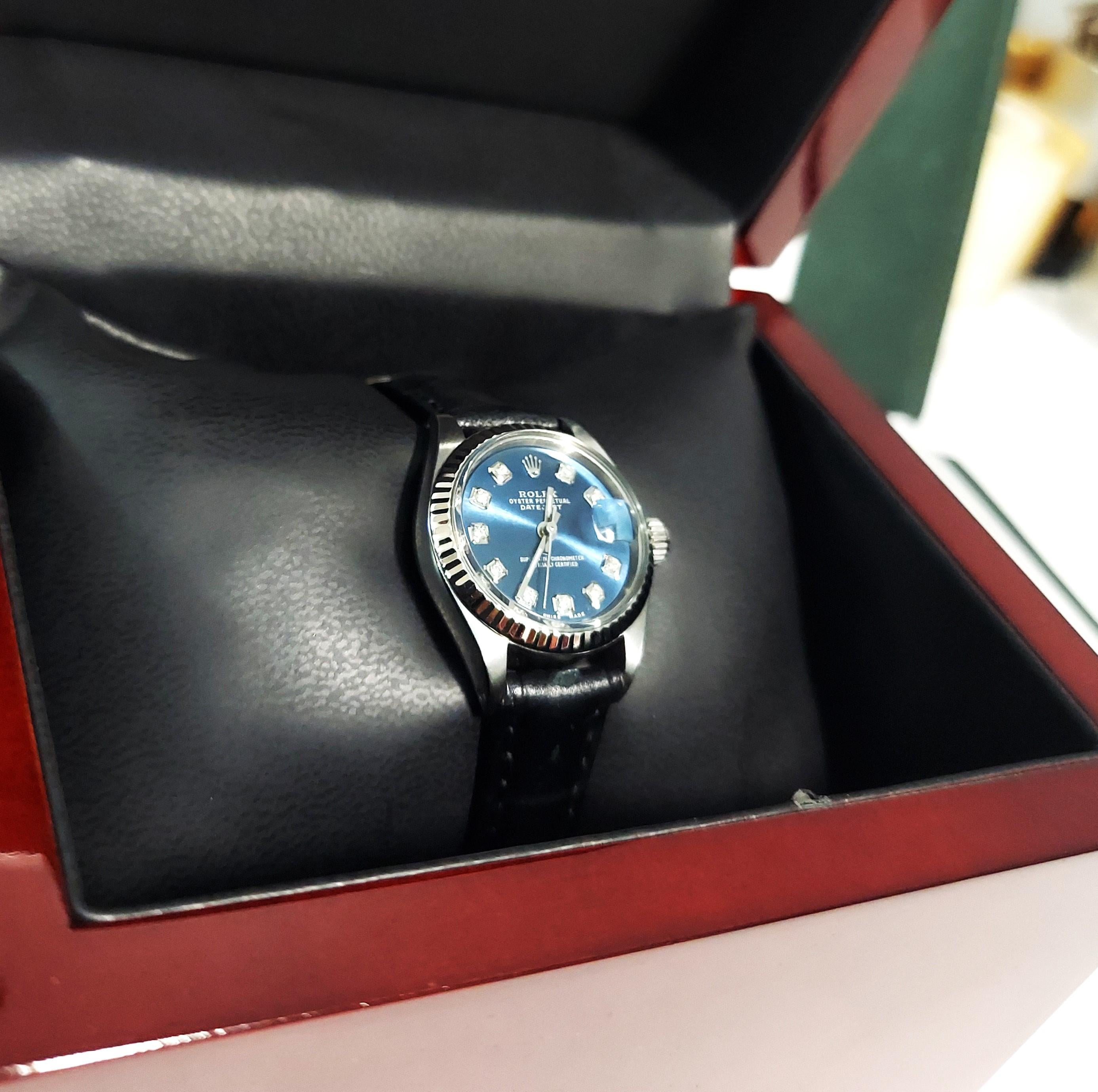 Rolex ladies 26mm Datejust 6919 Blue Diamond White gold fluted on leather For Sale 1