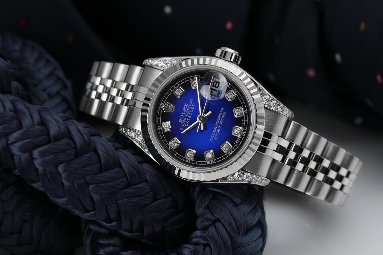 Rolex Ladies 26mm Datejust SS Blue Vignette Color Dial Classic + Lugs RT Wrist Watch 69160.