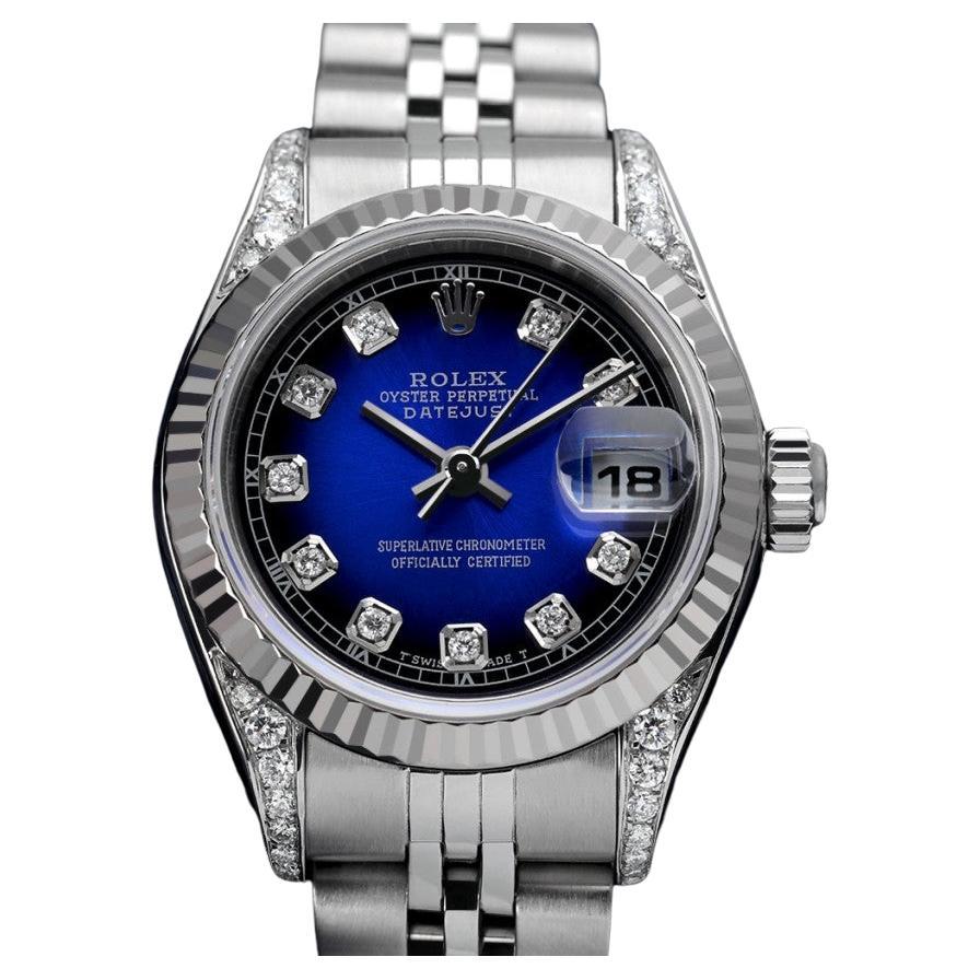 Rolex Ladies 26mm Datejust Blue Vignette Color Dial Classic + Lugs Wrist Watch For Sale