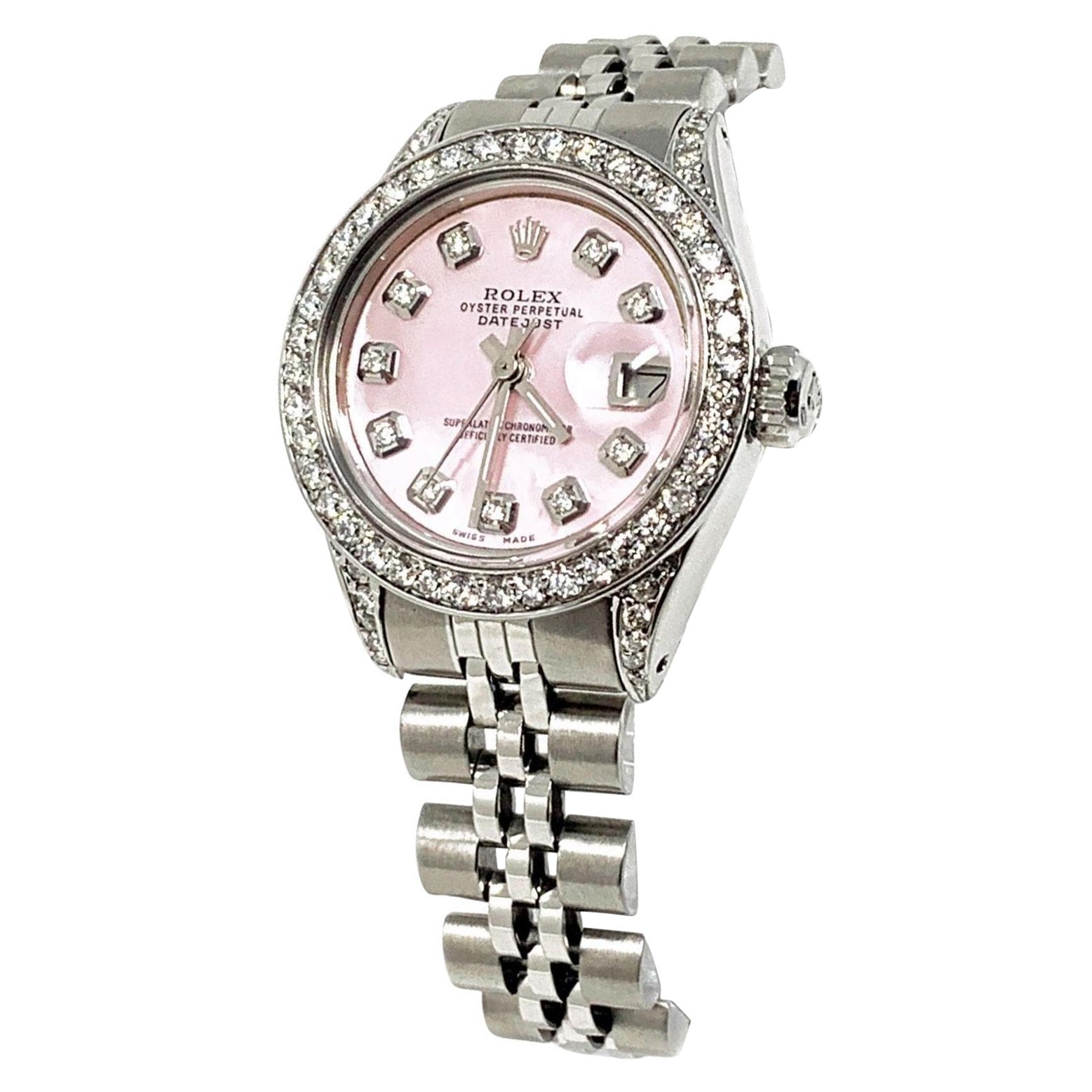 Rolex Ladies 26mm Datejust Pink MOP Diamond Steel Jubilee For Sale