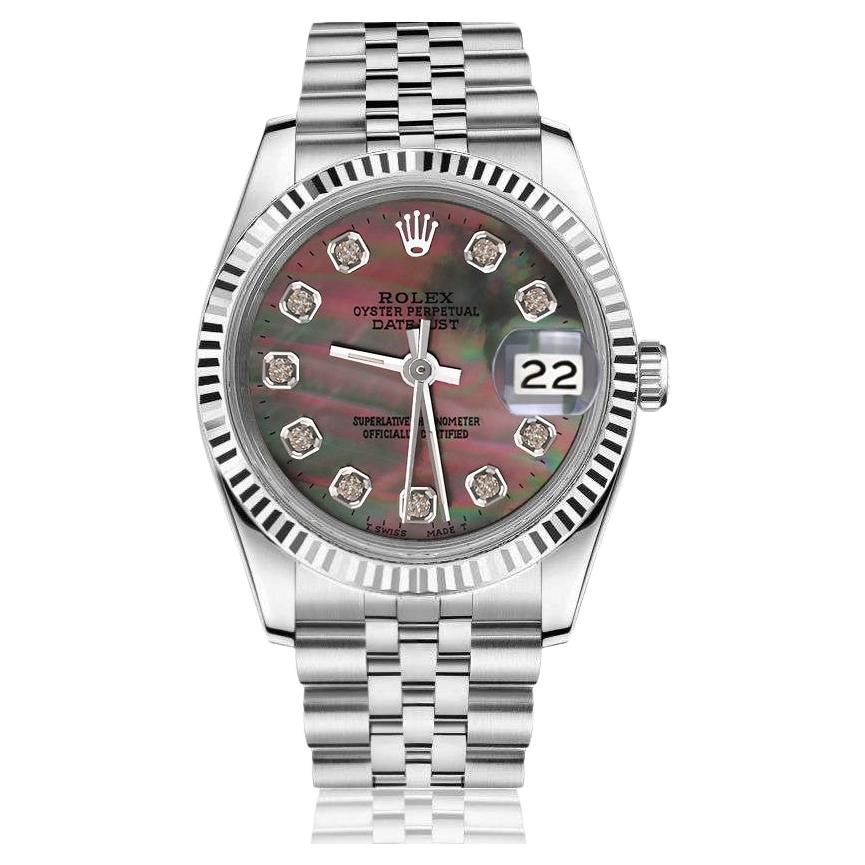Rolex Ladies Datejust SS Black MOP Mother of Pearl Dial with Diamonds Watch