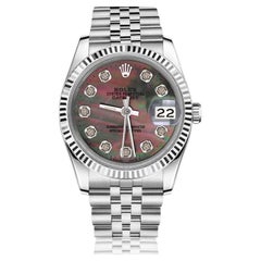 Retro Rolex Ladies Datejust SS Black MOP Mother of Pearl Dial with Diamonds Watch