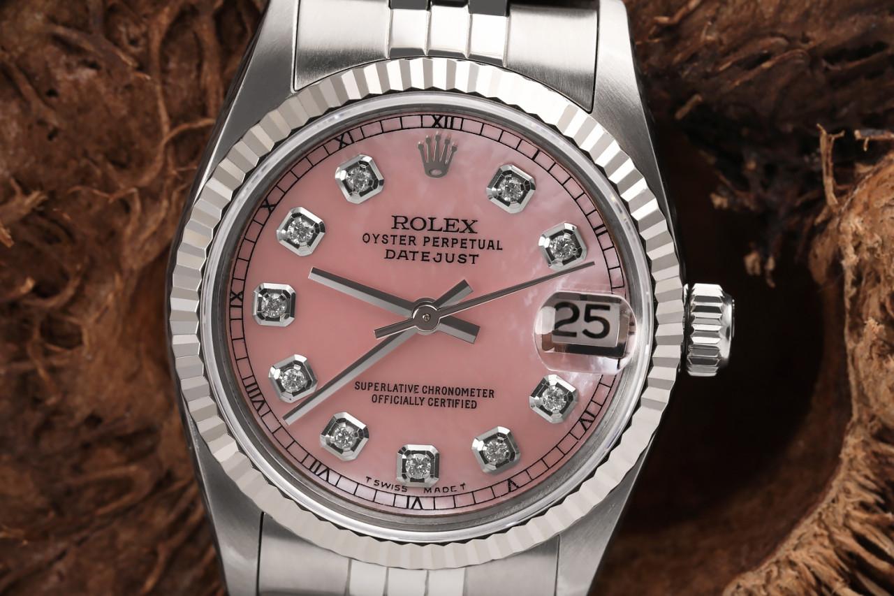 Round Cut Rolex Ladies Datejust SS Pink MOP Mother of Pearl Diamond Dial Watch For Sale