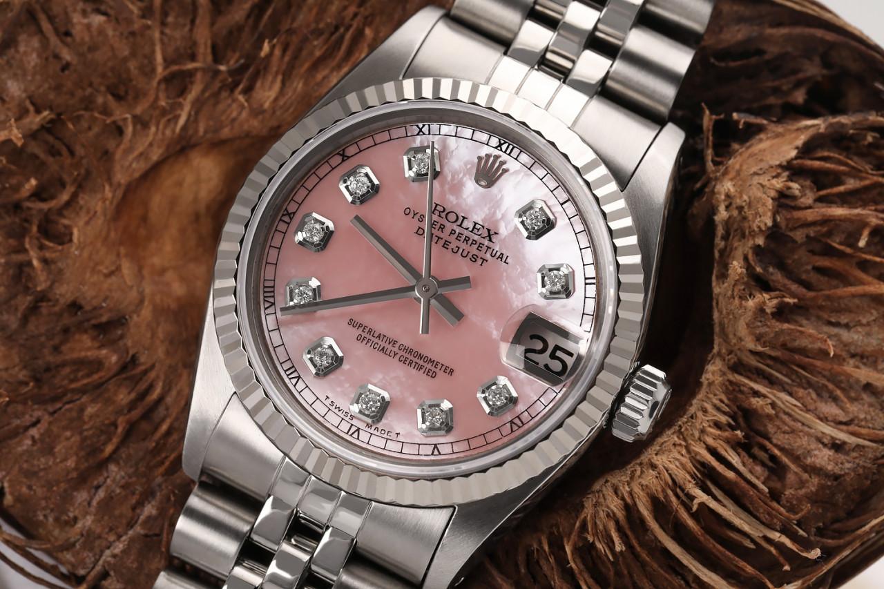 Rolex Ladies Datejust SS Pink MOP Mother of Pearl Diamond Dial Watch In Excellent Condition For Sale In New York, NY