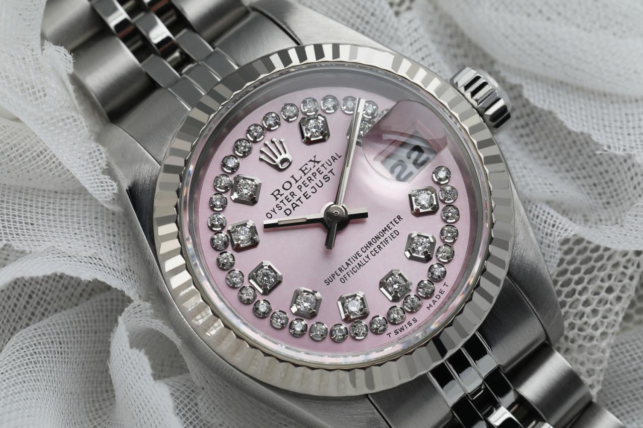 Round Cut Rolex Ladies Datejust SS Pink String Diamond Dial Jubilee 69174 Watch For Sale