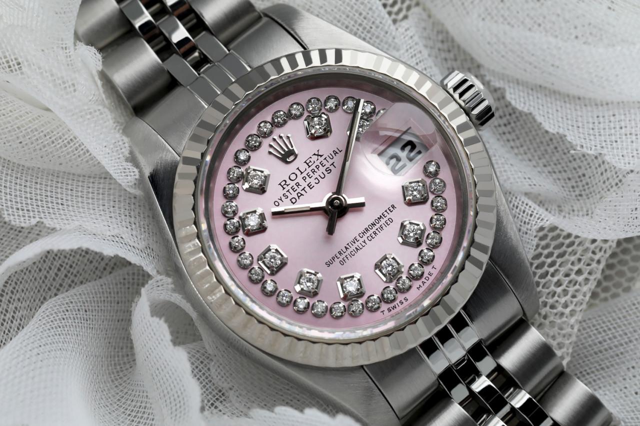Rolex Ladies Datejust SS Pink String Diamond Dial Jubilee 69174 Watch In Excellent Condition For Sale In New York, NY