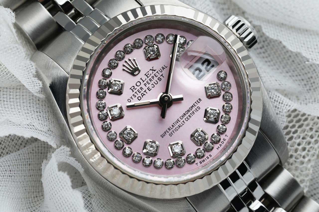 Women's Rolex Ladies Datejust SS Pink String Diamond Dial Jubilee 69174 Watch For Sale