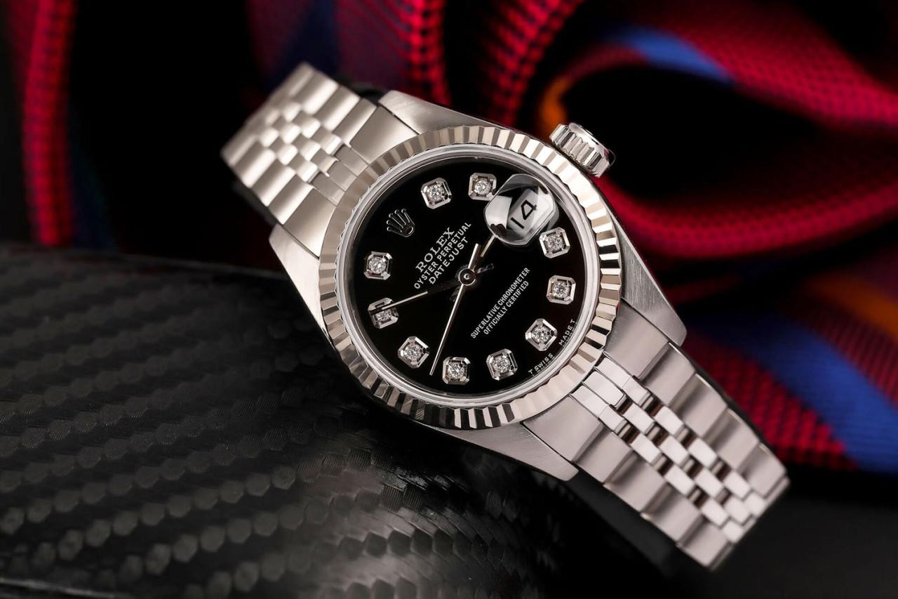Rolex Ladies Datejust Edelstahl schwarzes Zifferblatt Jubilee Armband Uhr (Rundschliff) im Angebot