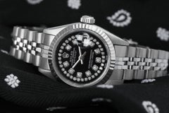 Rolex Ladies Datejust Stainless Steel Black String Diamond Accent Watch
