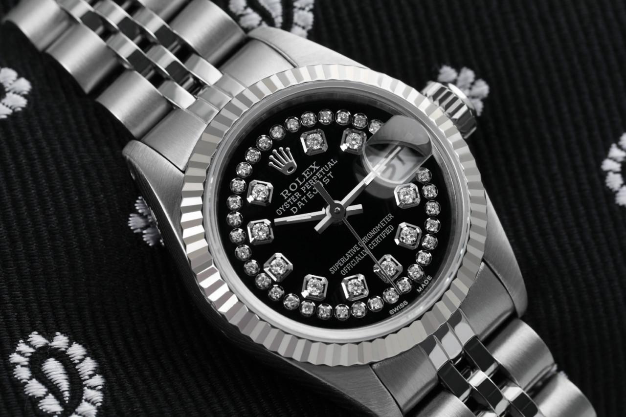 Round Cut Rolex Ladies Datejust Stainless Steel Black String Diamond Accent Watch For Sale
